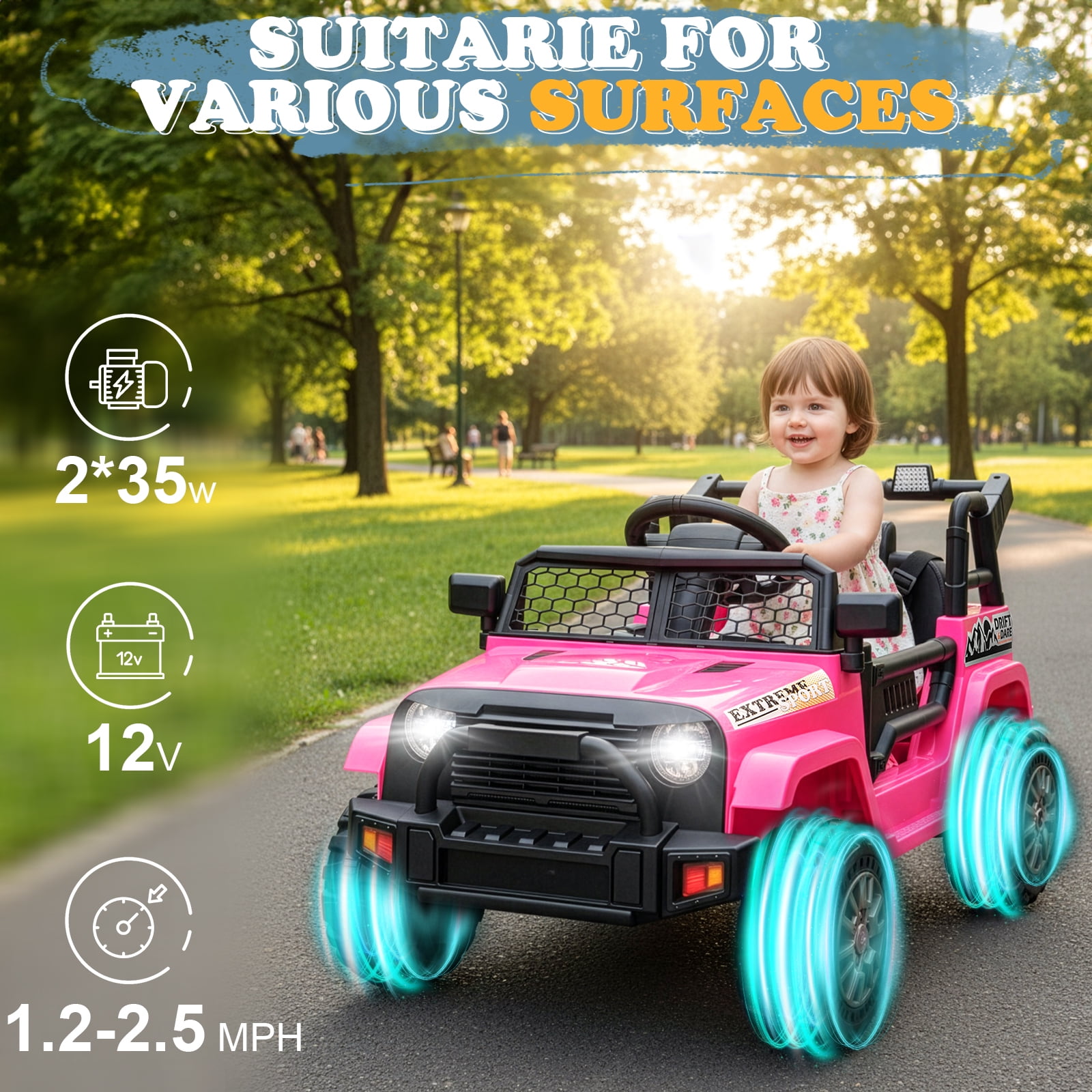 Zimtown Ride On Car Truck, 12V Battery Electric Kids Toy with Remote Control, LED Lights and Realistic Horns, Pink - Image 4