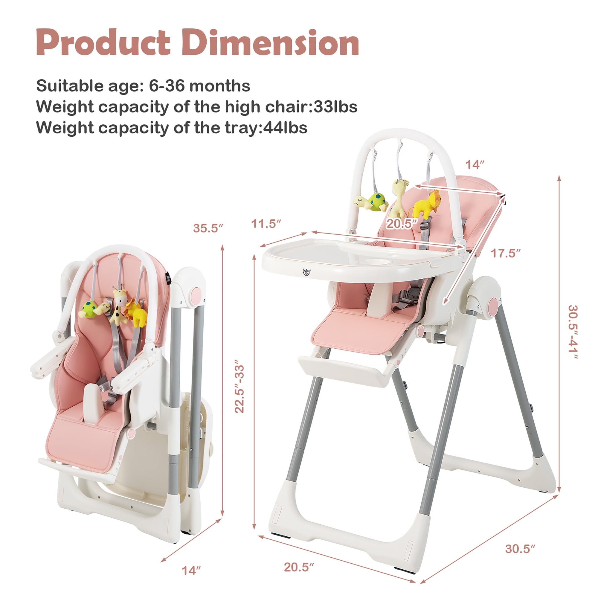Costway Foldable High Chair Baby Feeding Chair with 7 Adjustable Heights Pink - Image 3