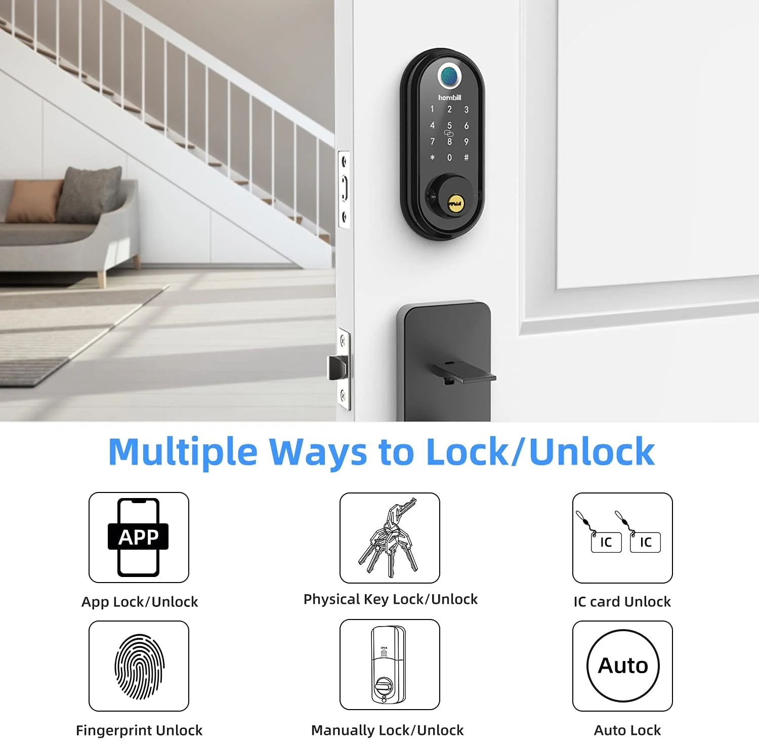 Smart Lock,hornbill Fingerprint Electronic Deadbolt Door Lock with Keypad-Bluetooth,Keyless Entry Smart Deadbolt,Free App Control,IC Card,Ekeys Sharing,Passcode,Auto Lock,Support Google Home - Image 3