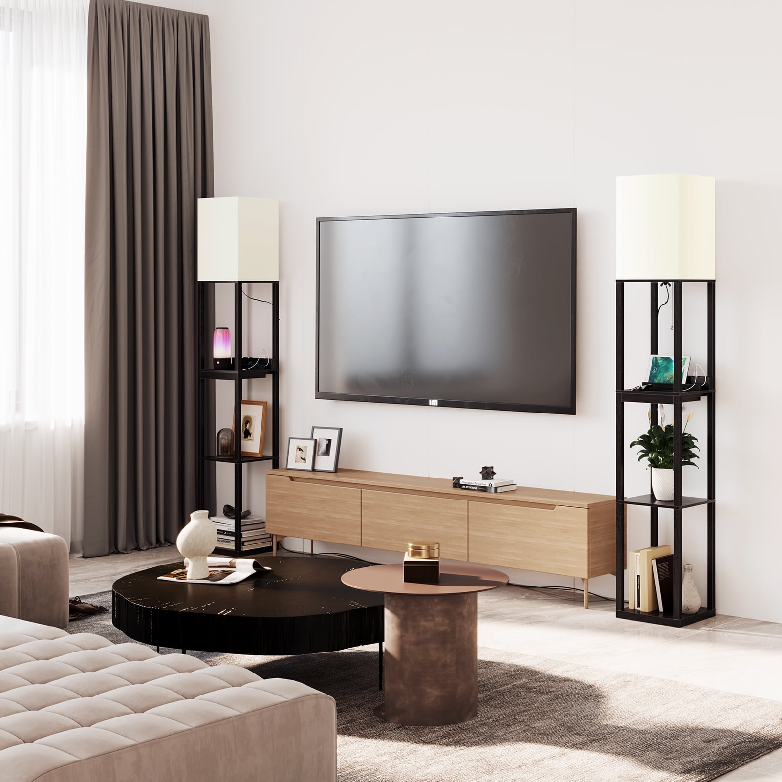 AOHAO Floor Lamp with Shelves,Tall Dimmable Lamp with 2 Charging Ports and 1 Power Outlet, Floor Lamps for Bedrooms for Living Room, Matt Black - Image 4