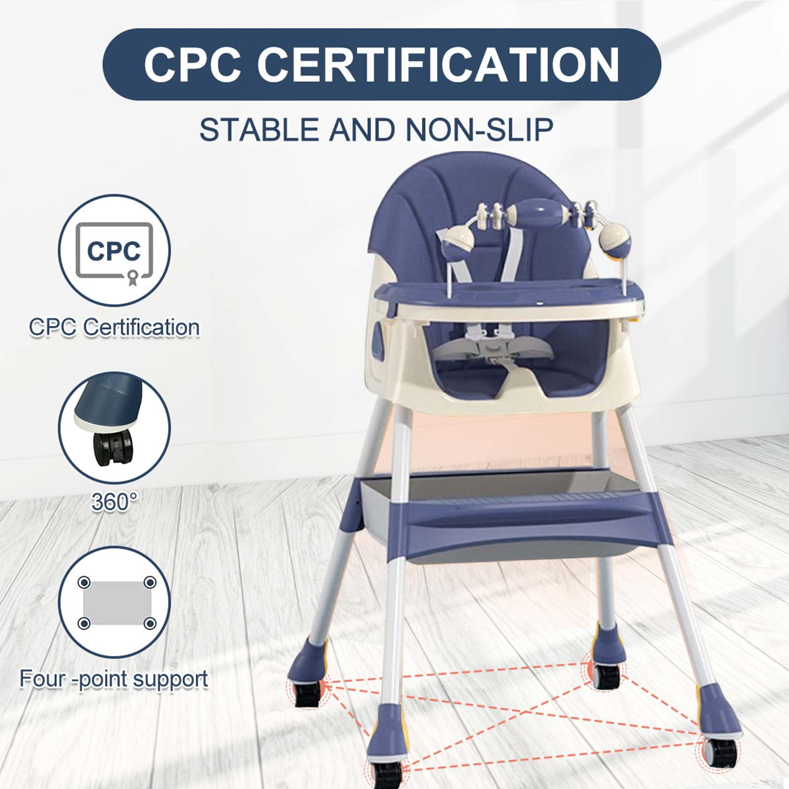 YANAOFFE Baby High Chair 4-in-1 Convertible Baby Highchair with Double-Layer Tray and Toy, Blue - Image 4