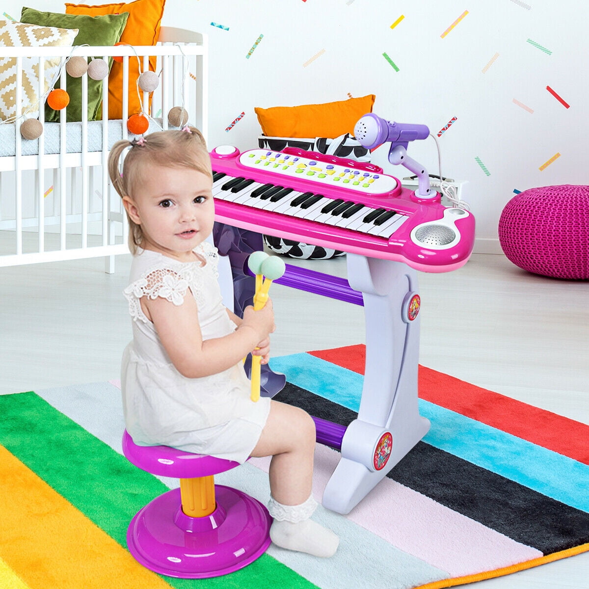Costway 37 Key Electronic Keyboard Kids Toy Piano MP3 Input with Microphone and Stool Pink - Image 8