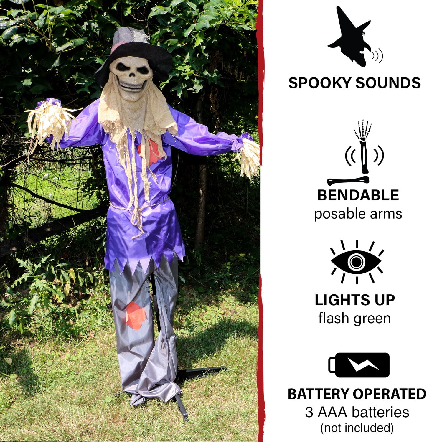 Haunted Hill Farm 6 ft Standing Halloween Scarecrow Yard Decoration with LED Green Eyes, HHSCR-5FLS - Image 9
