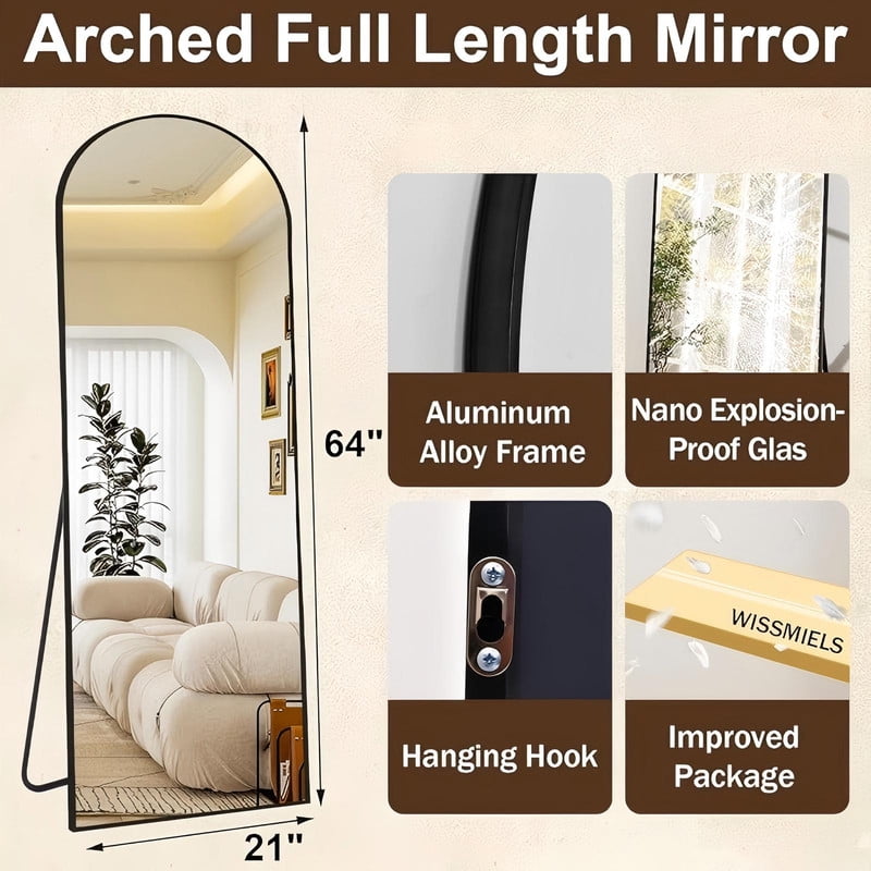 Anyrose 64"x 21.5" Arched Full Length Mirror Wall Mirror with Aluminum Alloy Frame,Black - Image 5