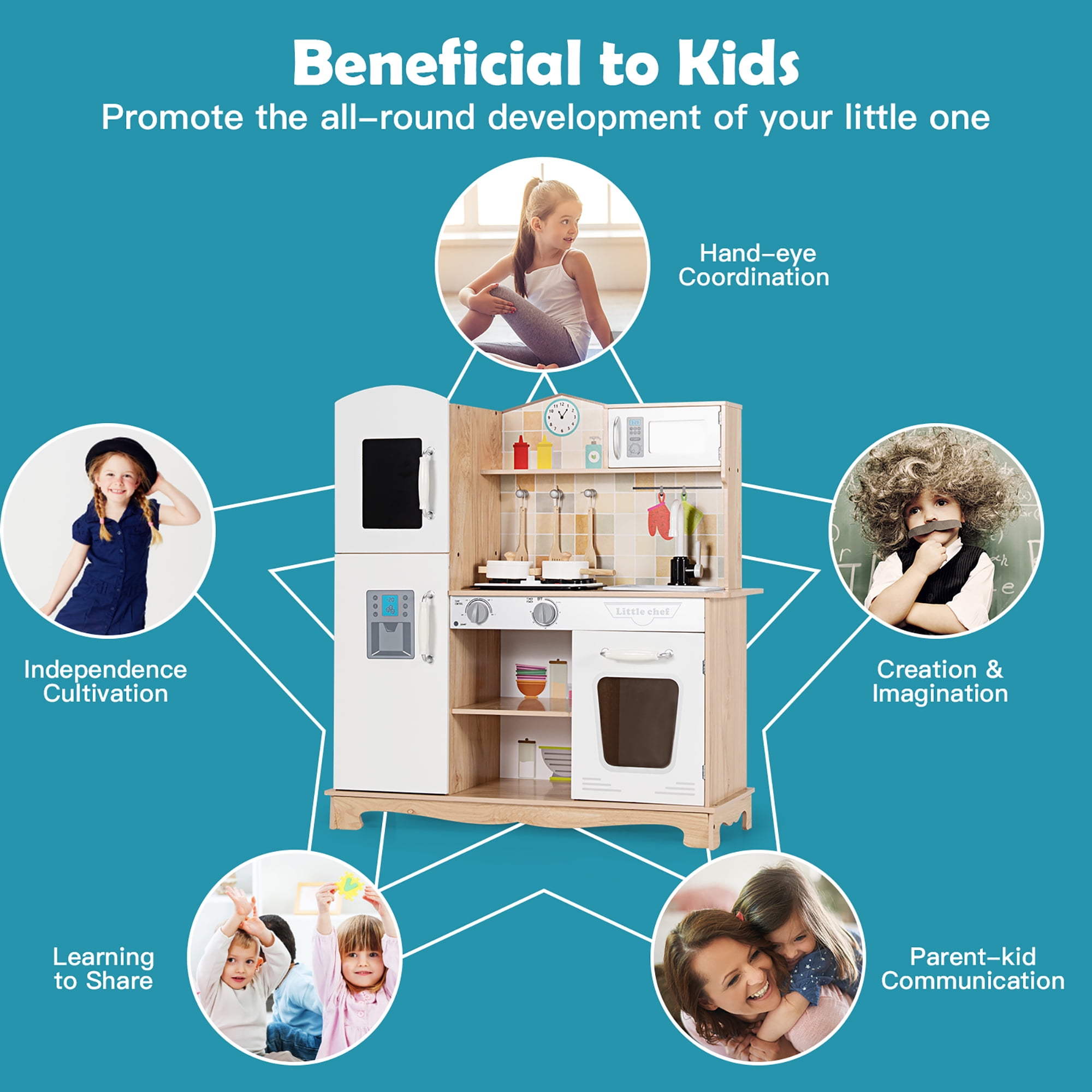 Costway Wooden Kids Pretend Kitchen Playset Cooking Play Toy w/ Utensils & Sound - Image 4