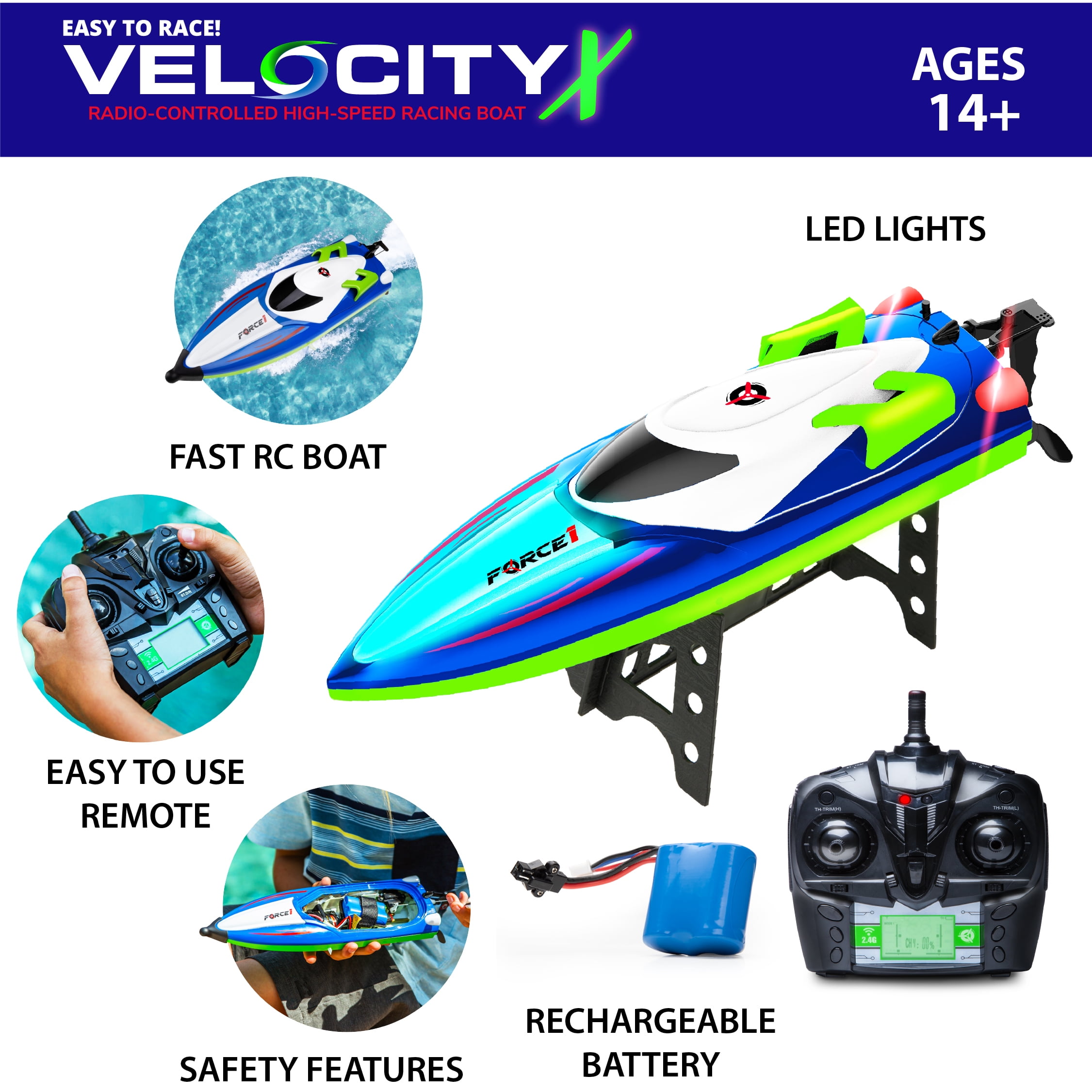 Force1 Velocity X LED Fresh Water Boat - Remote Control Boat for Freshwater Lakes and Ponds - Image 6