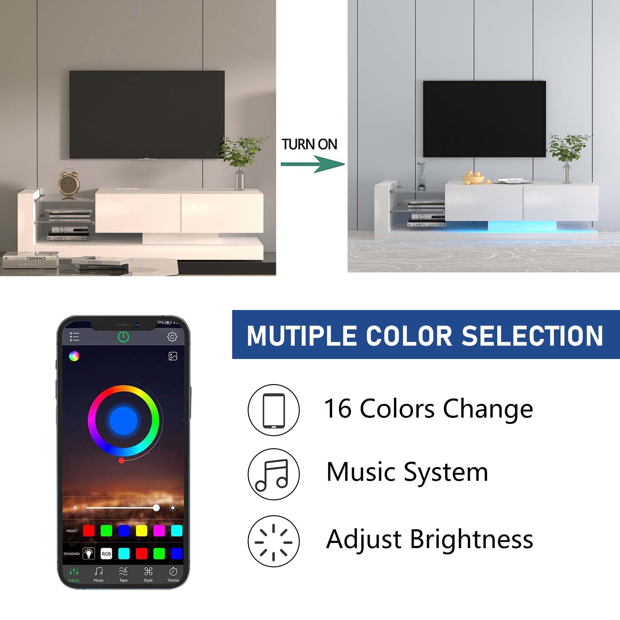 Aukfa Modern TV Stand for TVs up to 75", TV Console Table, LED Lights, Power Outlets - White - Image 3