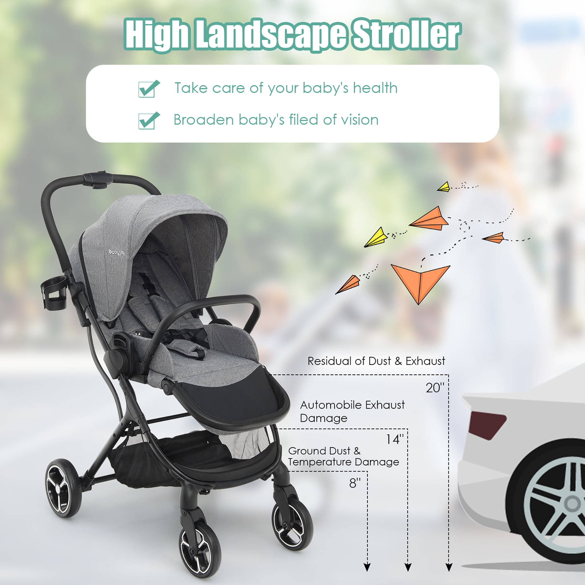 Costway High Landscape Foldable Baby Stroller with Reversible Reclining Seat 20 lbs Gray - Image 5