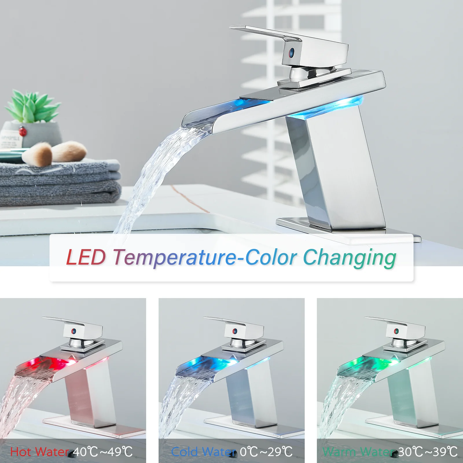 Zovajonia LED Waterfall Bathroom Faucet Brushed Nickel Single Handle Basin Sink Mixer Tap - Image 3