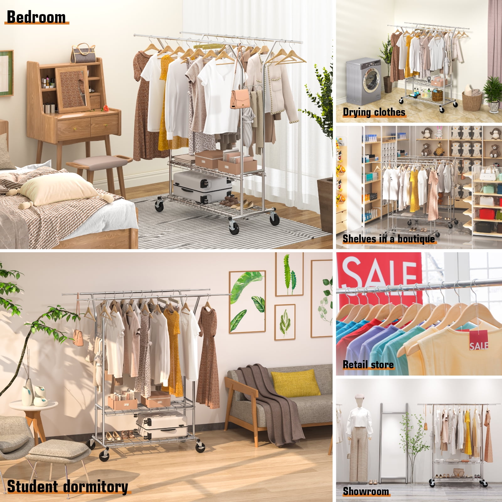 URTUE 620LBS Heavy Duty Garment Rack with Shelves,Commercial Grade Clothing Racks on Wheels Rolling - Double Rails Clothes Rack for Hanging Clothes Portable Adjustable - Image 4