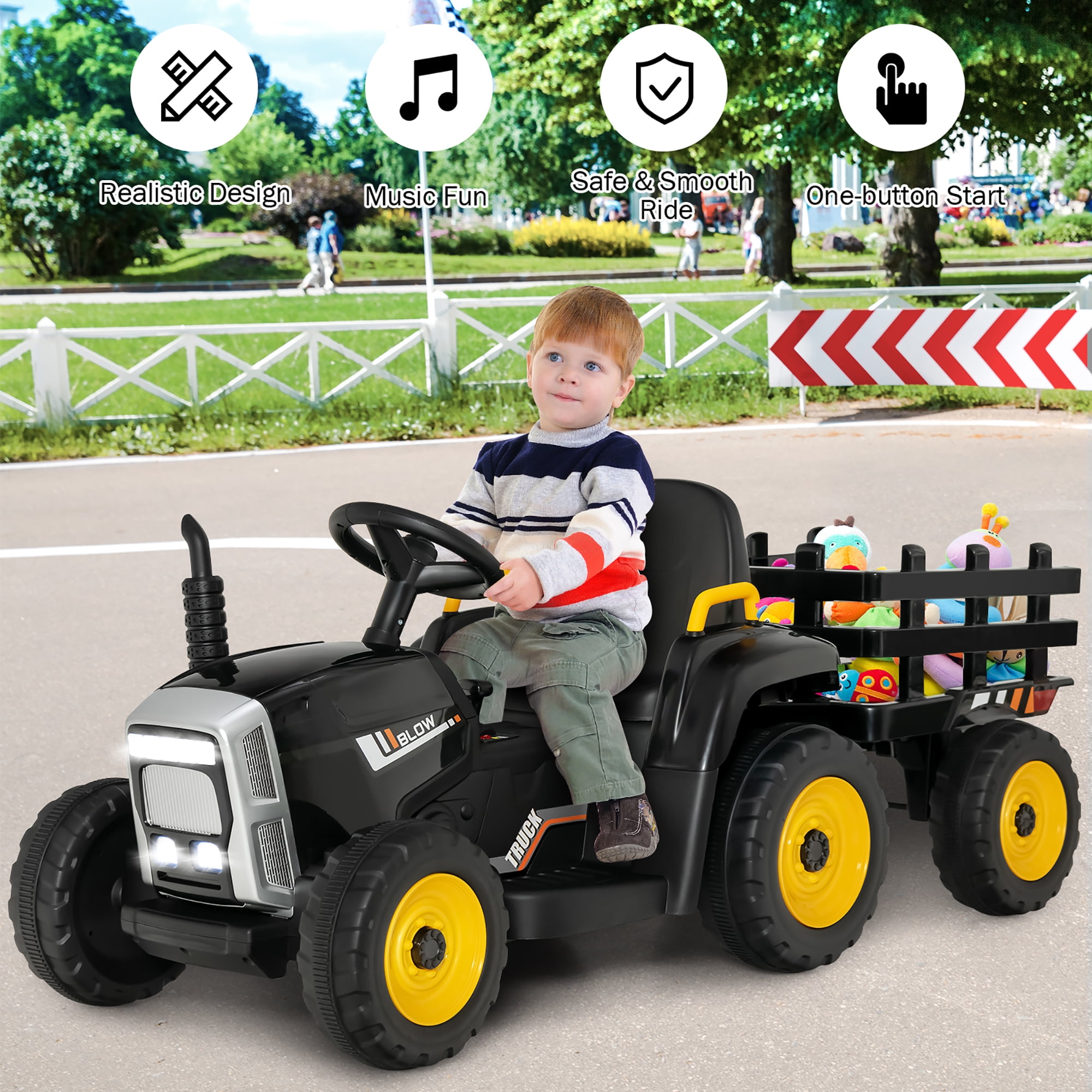 Costway 12V Kids Ride On Tractor with Trailer Ground Loader w/ RC & Lights Dark Black - Image 4