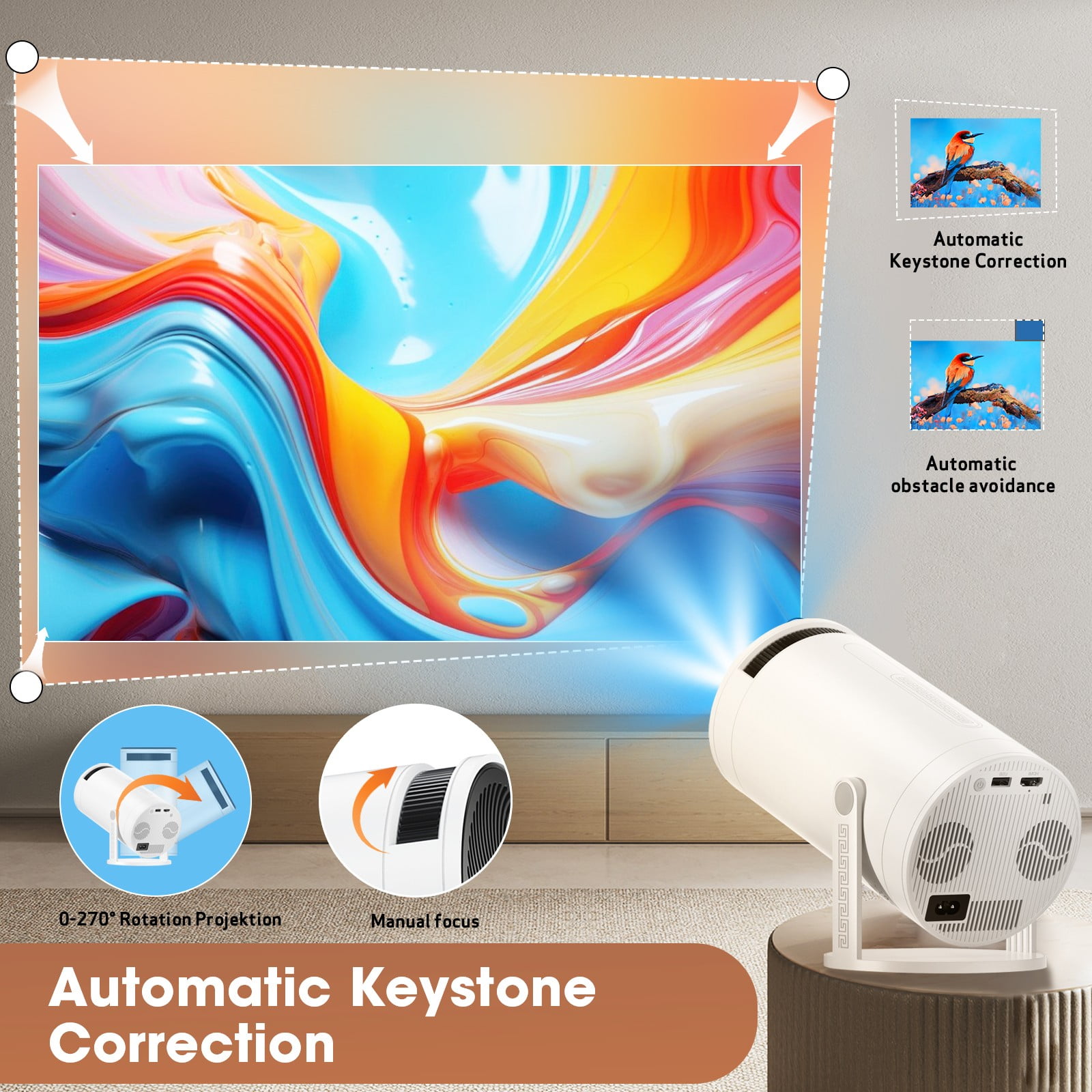 Android Smart Proyector with Wifi 6 and Bluetooth, Mini Portable 270° Rotatable Movie Projector, 1080P 4K Supported, 250 ANSI, 10000 LM, Auto Keystone Outdoor Projector, HDMI cable included - Image 11