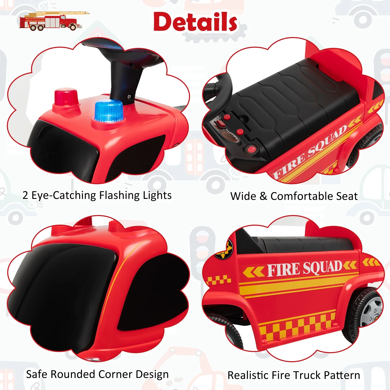 Costway Kids Ride On Fire Truck Foot-to-Floor Sliding Push Car w/ Music & Bubble Maker - Image 3