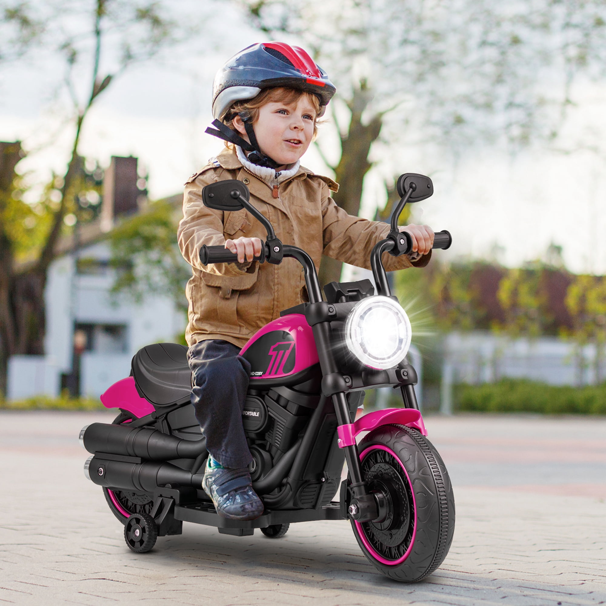Costway 6V Kids Electric Motorcycle with Training Wheels LED Headlights Music Board Pink - Image 4