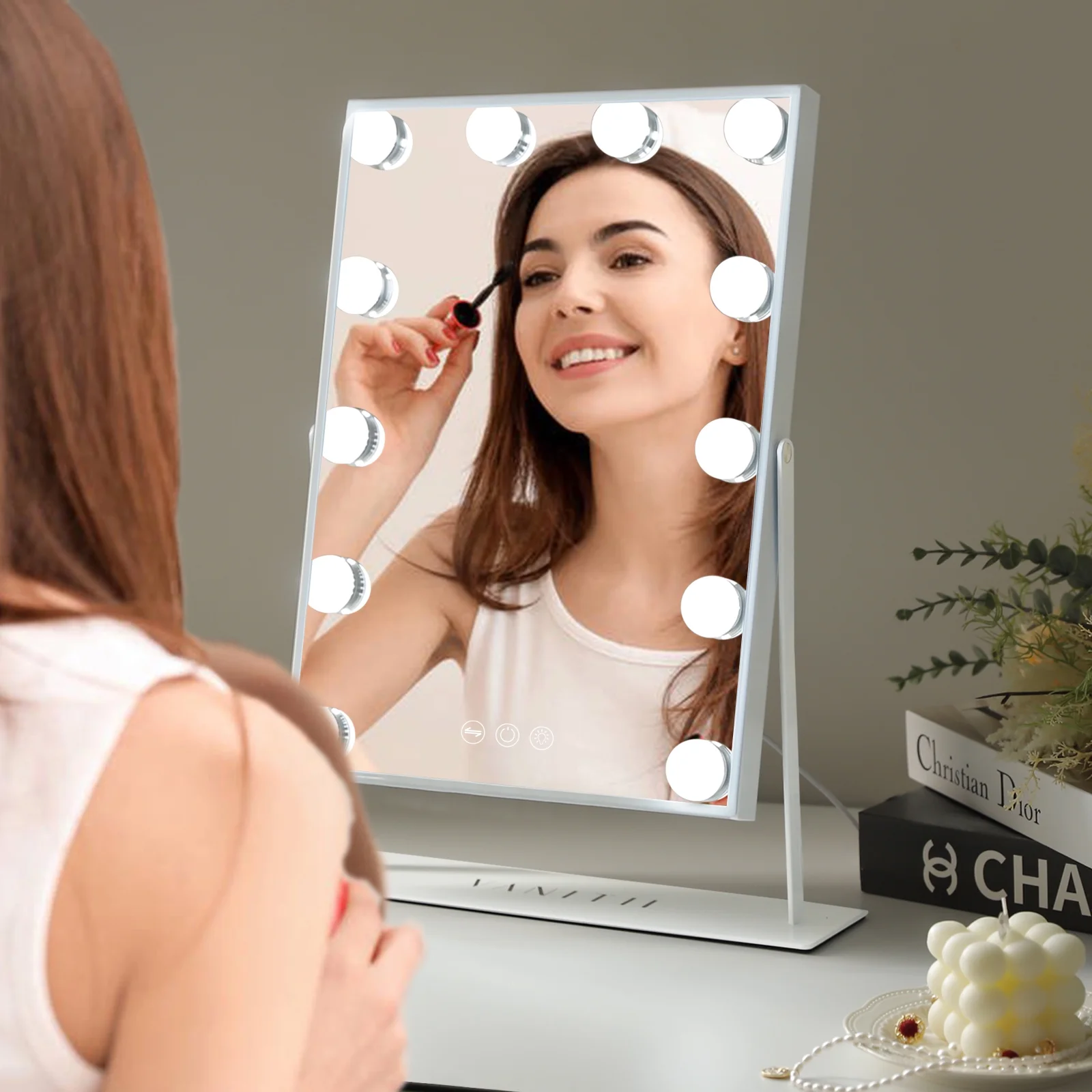 VANITII GLOBAL 14.5" x 18.9" Vanity Makeup Mirror with Lights Tabletop Metal White - Image 3