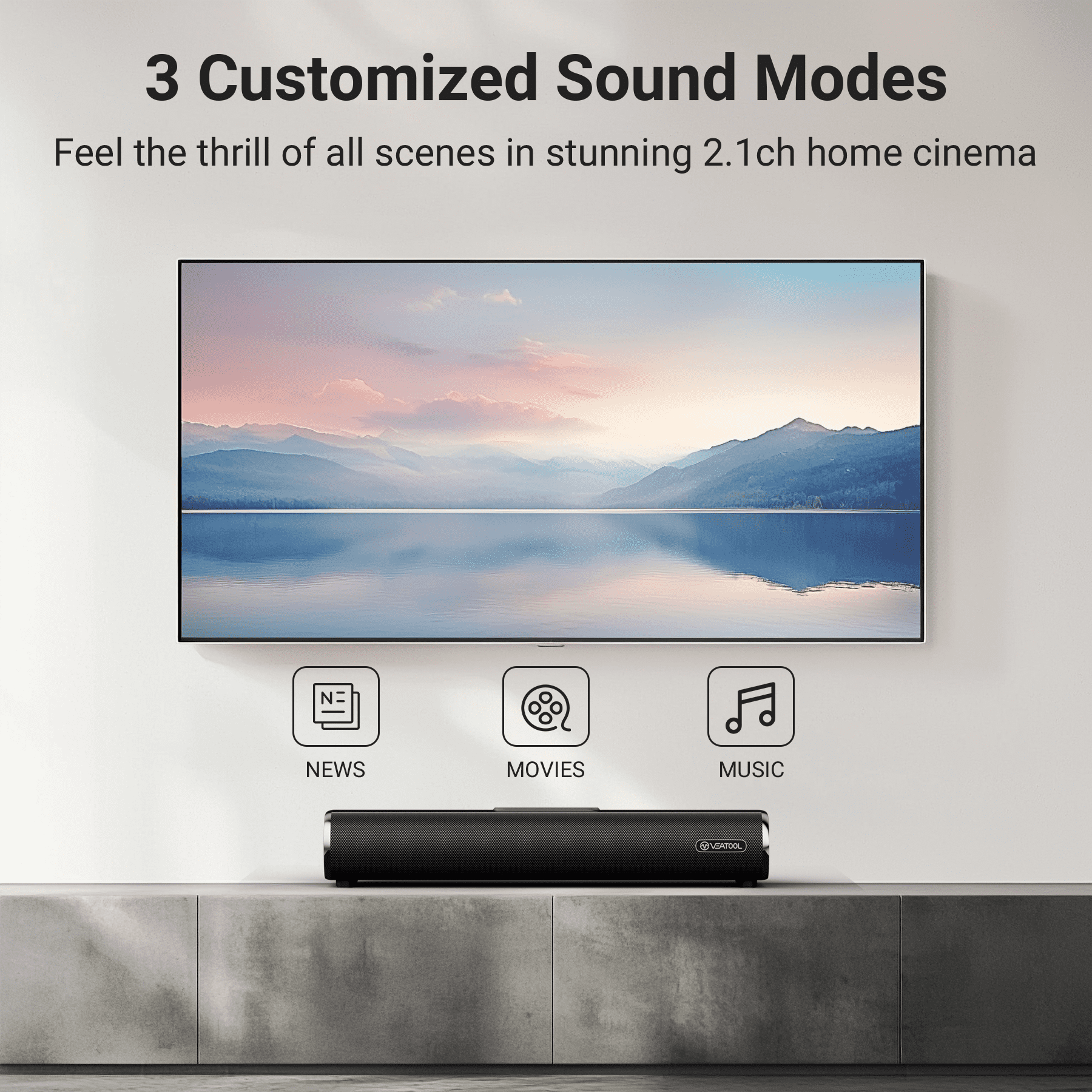 VEATOOL Soundbar for Smart TV, 50Watts-16 Inches Small Bluetooth Sound Bar with Built-in Subwoofer,3D Surround Sound System TV Sound Bar, OPT/AUX/USB Connection, 3EQS, Wall Mountable - Image 4