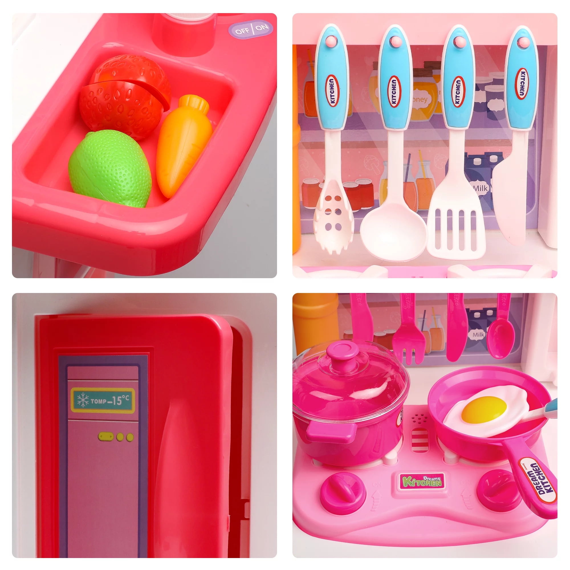 JBeeCtrl Play Kitchen Set for Kids Girls 33Inch Pink Toy Pretend Food Kitchen Toys Gift for Toddlers Girls Boys Age 3 4 5 6 7 - Image 6