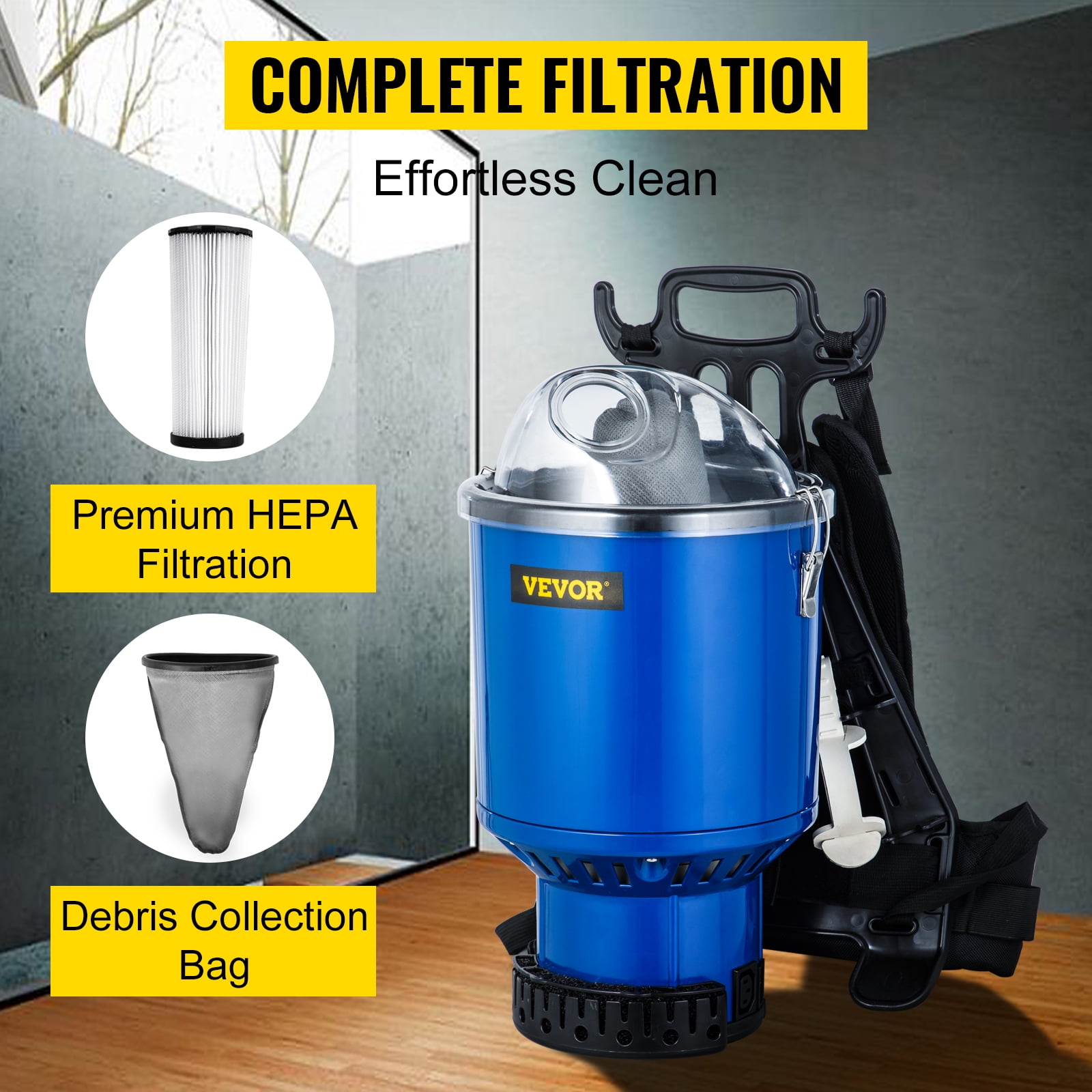 VEVORbrand Commercial Vacuum Cleaner, 5 in 1 HEPA Backpack Vacuum Cleaners, 3.6qt Lightweight Filtration Backpack Vacuum, Commercial Industrial Backpack Vacuum with Telescoping Wand, Tool Kit, Corded - Image 4