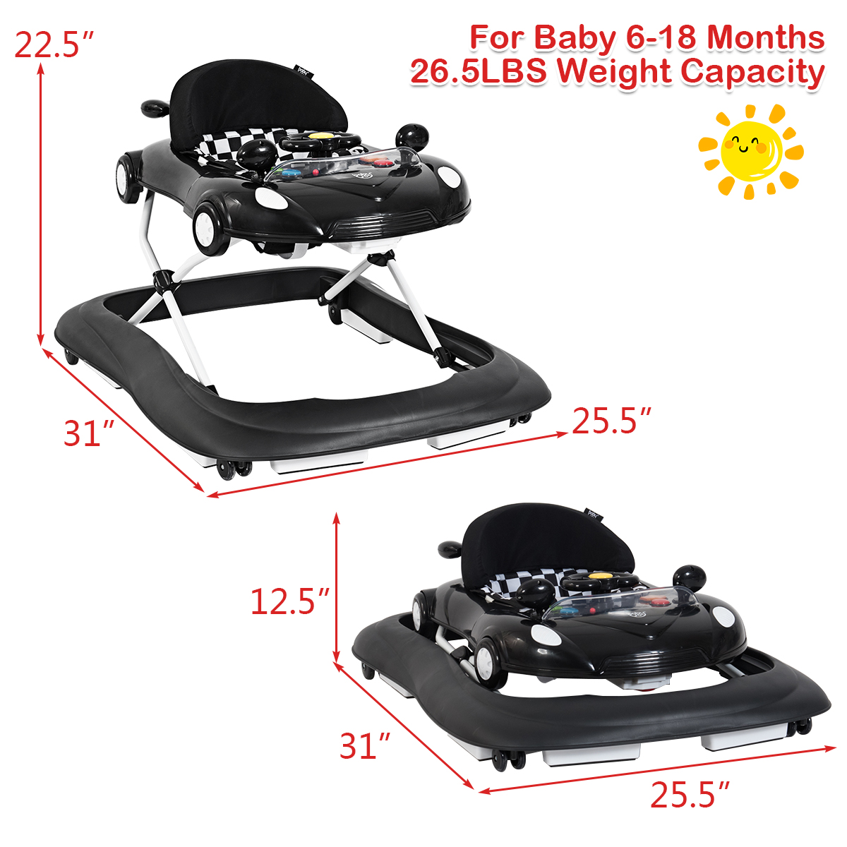Costway 2-in-1 Foldable Baby Walker w/ Adjustable Heights & Music Player & Lights Black - Image 8