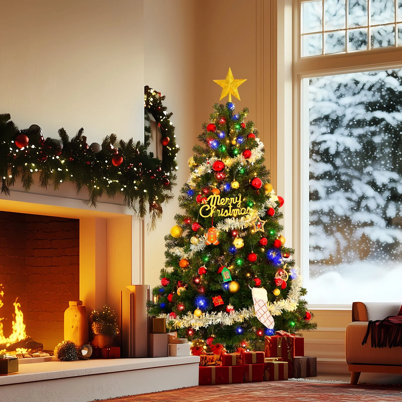 Funcid 6ft Premium Pre-Lit Hinged Artificial Christmas Tree Full Tree with 1477 PVC Branch Tips, 250 Multicolored Lights, 10 Light Sequences, Foldable Metal Stand, Green - Image 8