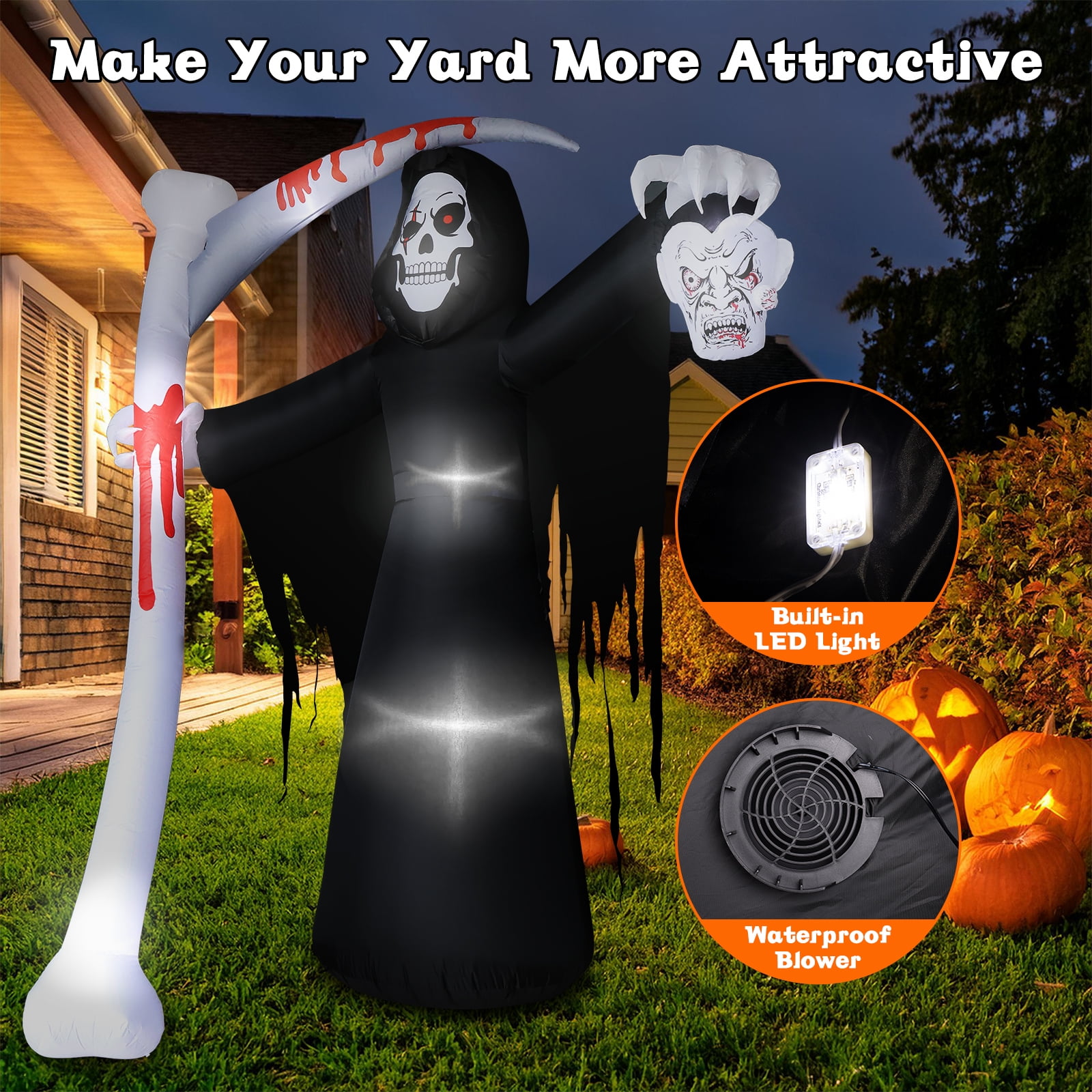Bilivry 9ft Tall Giant Scary Halloween Inflatable Grim Reaper with Scythe, Blow up Reaper with Build-in LEDs for Halloween Outdoor Decorations, Yard Lawn Garden Holiday Party Decoration - Image 8