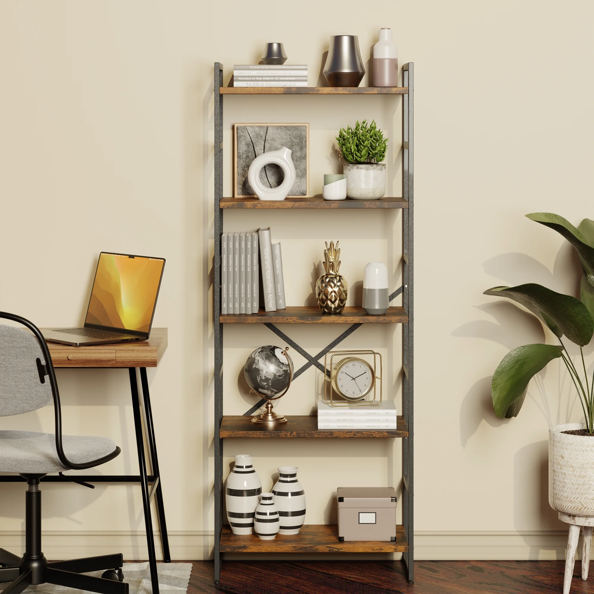 Walsunny Bookshelves Wooden Bookcases 5 Tiers H-Shaped Bookshelf with 5 Open Display Shelves Brown - Image 3