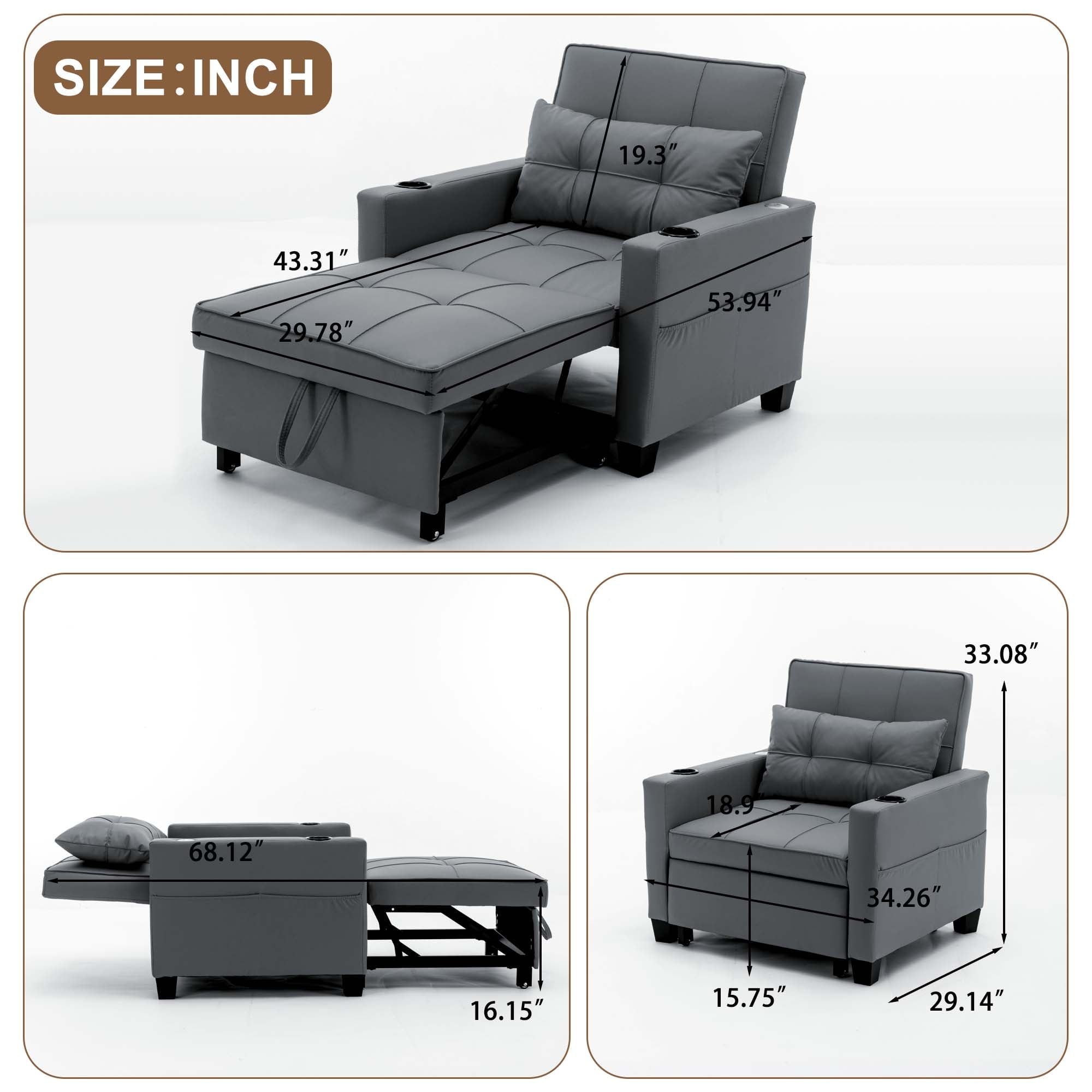 Aukfa Futon Convertible Sleeper Sofa Chair with USB Ports Cup Holders for Living Room, Dark Gray - Image 3