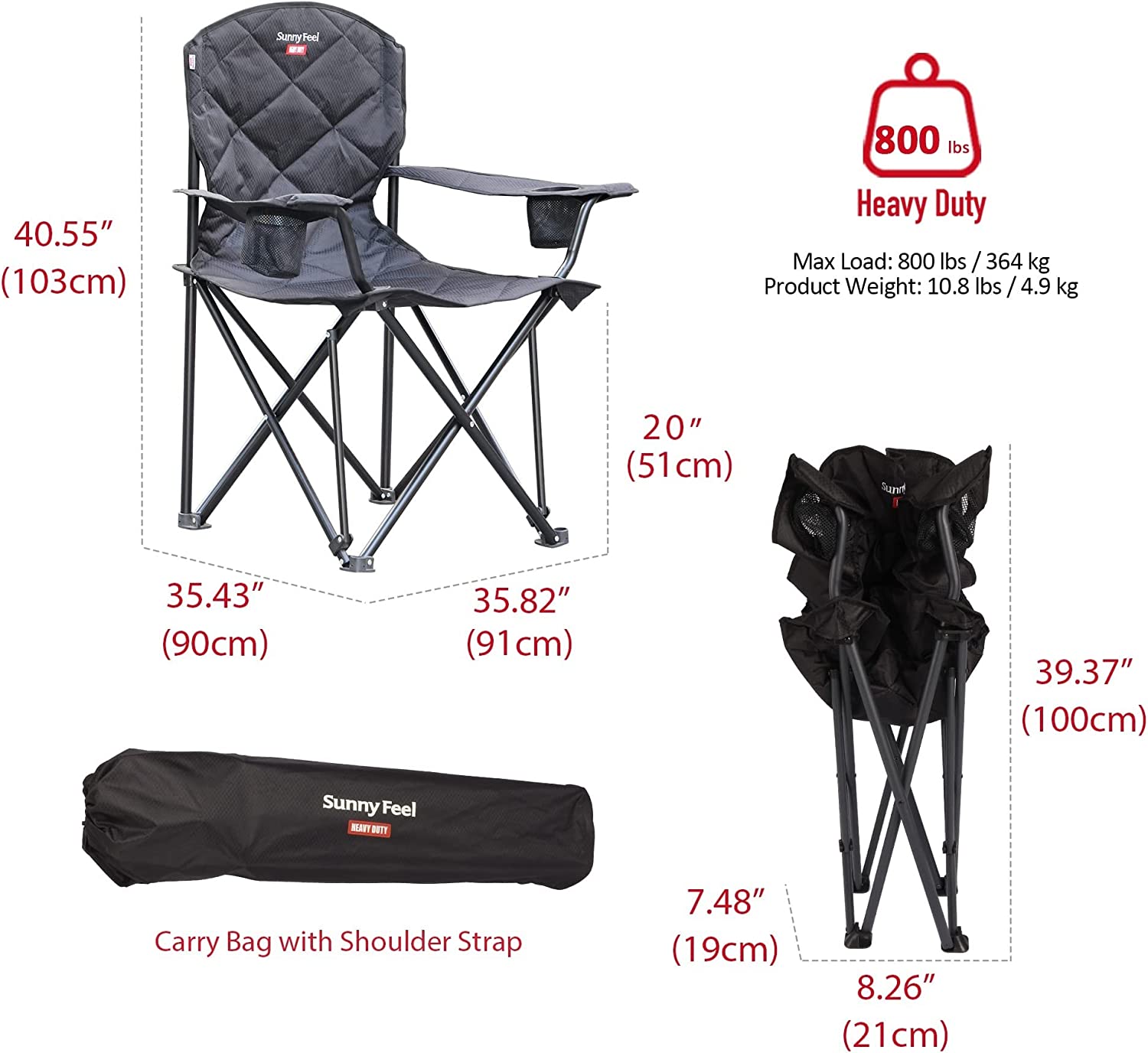 XXL Oversized Camping Chair Heavy Duty 800 LBS for Big Tall People Padded Portable Folding Quad Lawn Chairs with Armrest Cup Holder & Pocket for Outdoor/Travel/Picnic/Camp/Sports - Image 3