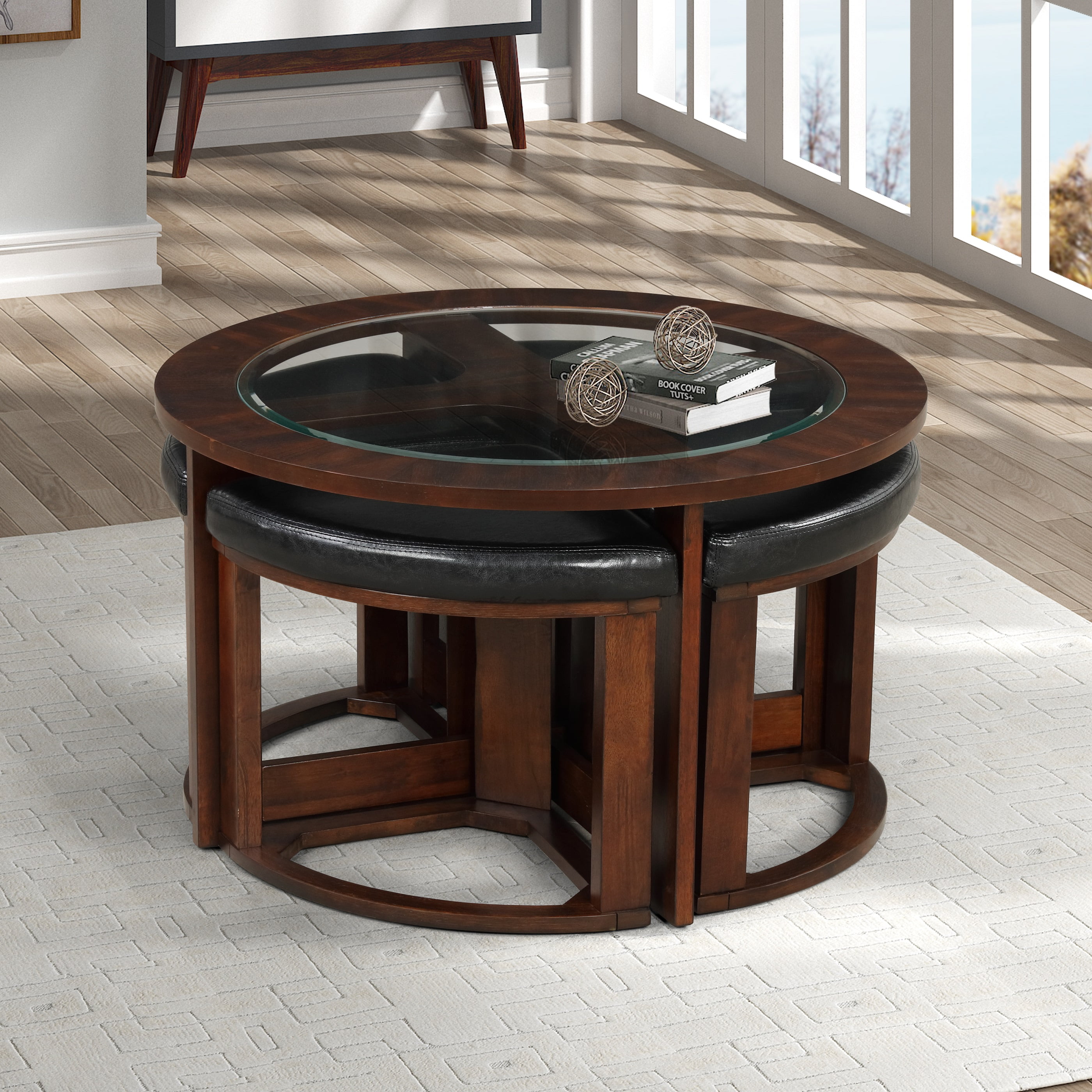 Roundhill Furniture Cylina Solid Wood Glass Top Round Coffee Table with 4 Stools - Image 2