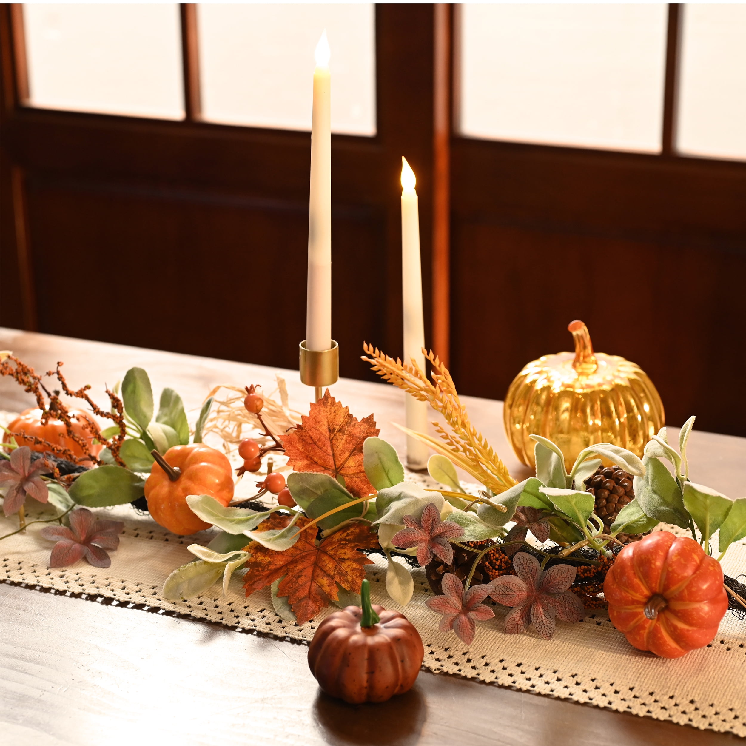 Valery Madelyn 6 ft Pre-Lit Fall Garland Lighted Thanksgiving Garland with Orange Pumpkin & Maple Leaf & Wheat for Fireplace Farmhouse Front Door Indoor Swing Frames - Image 5