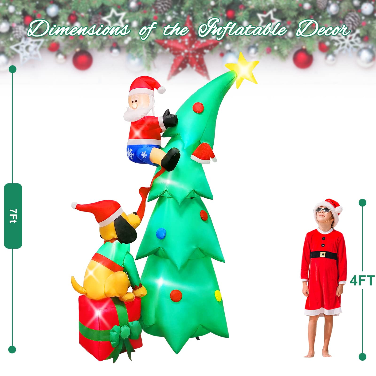 Husfou 7ft Christmas Inflatable LED Santa Claus Christmas Tree with Dog, Buit-in 6 LED Lights Blow up Yard Inflatable Decorations for Outdoor Lawn Holiday - Image 4