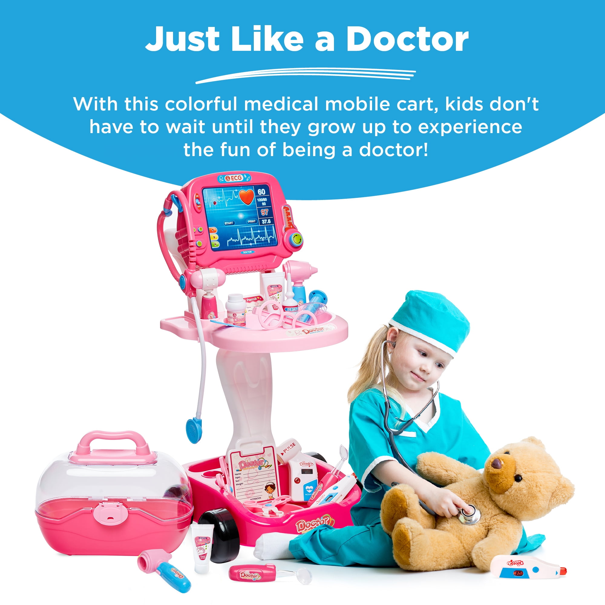Best Choice Products Play Doctor Kit for Kids, Pretend Medical Station Set with Carrying Case, Mobile Cart - Pink - Image 8