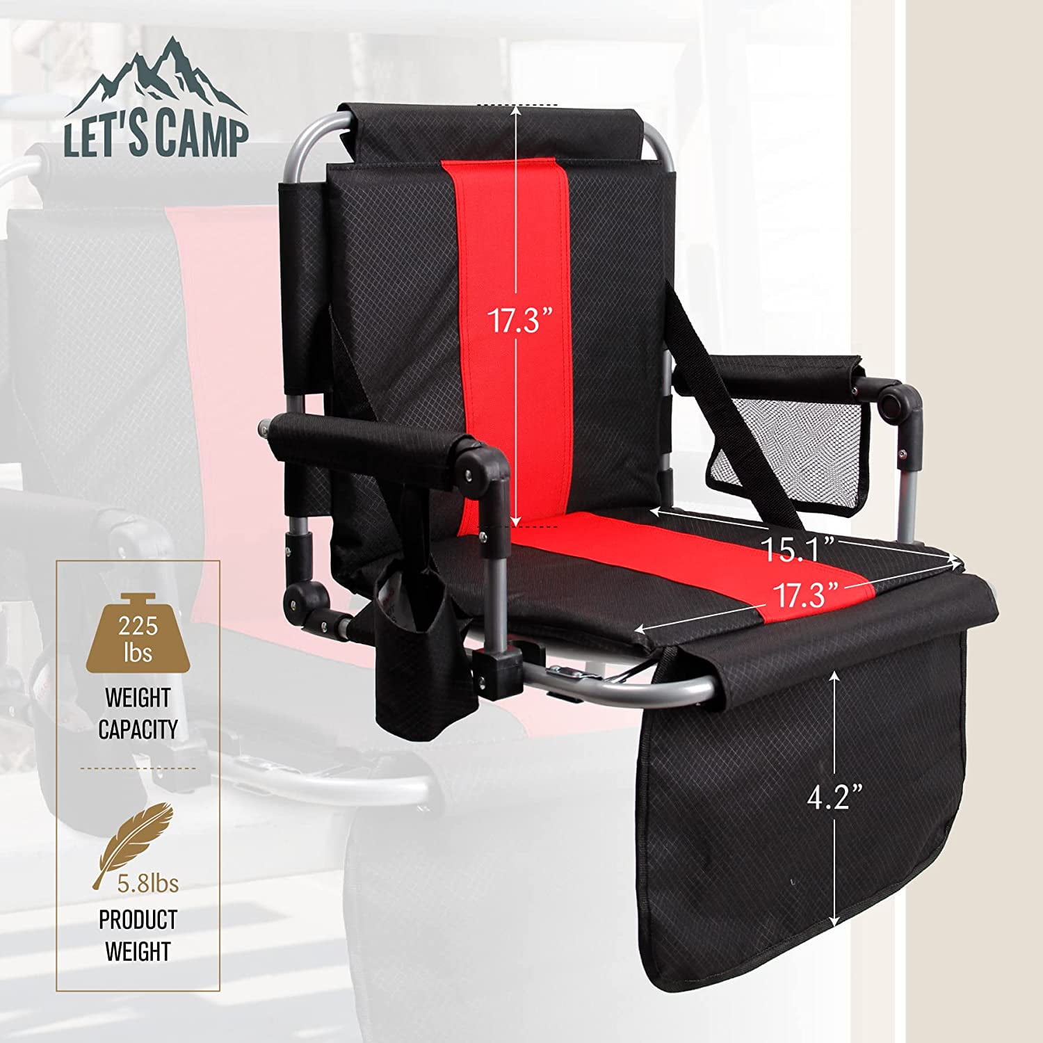 Folding Stadium Seat Bleacher Chair with Cup Holder, Mesh Bag and Hide Hooks, Portable Stadium Chair with Back and Cushion - Image 5