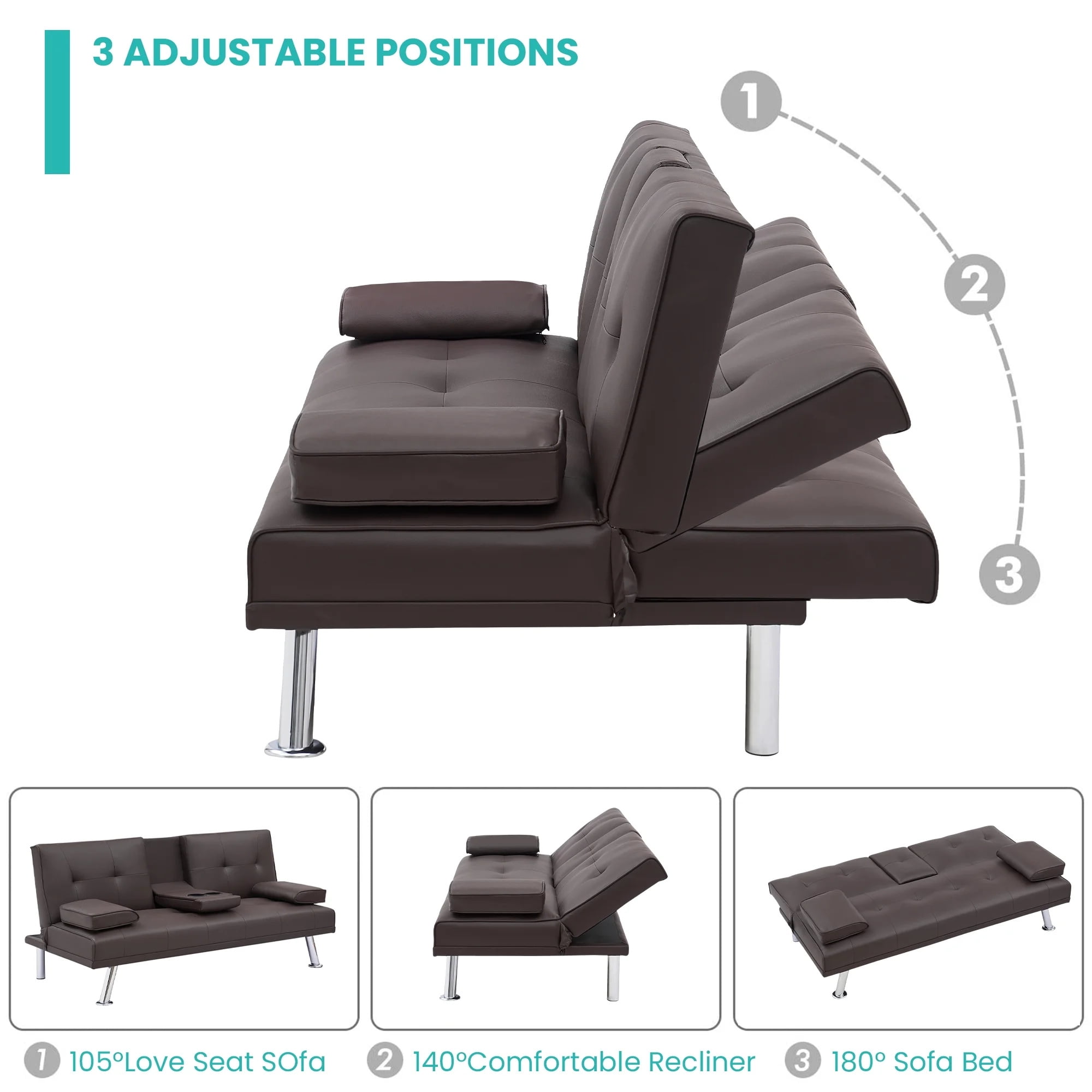 Aukfa Leather Futon Sofa Bed Modern Convertible Couch Folding Chaise with 2 Cup Holders, Brown - Image 6