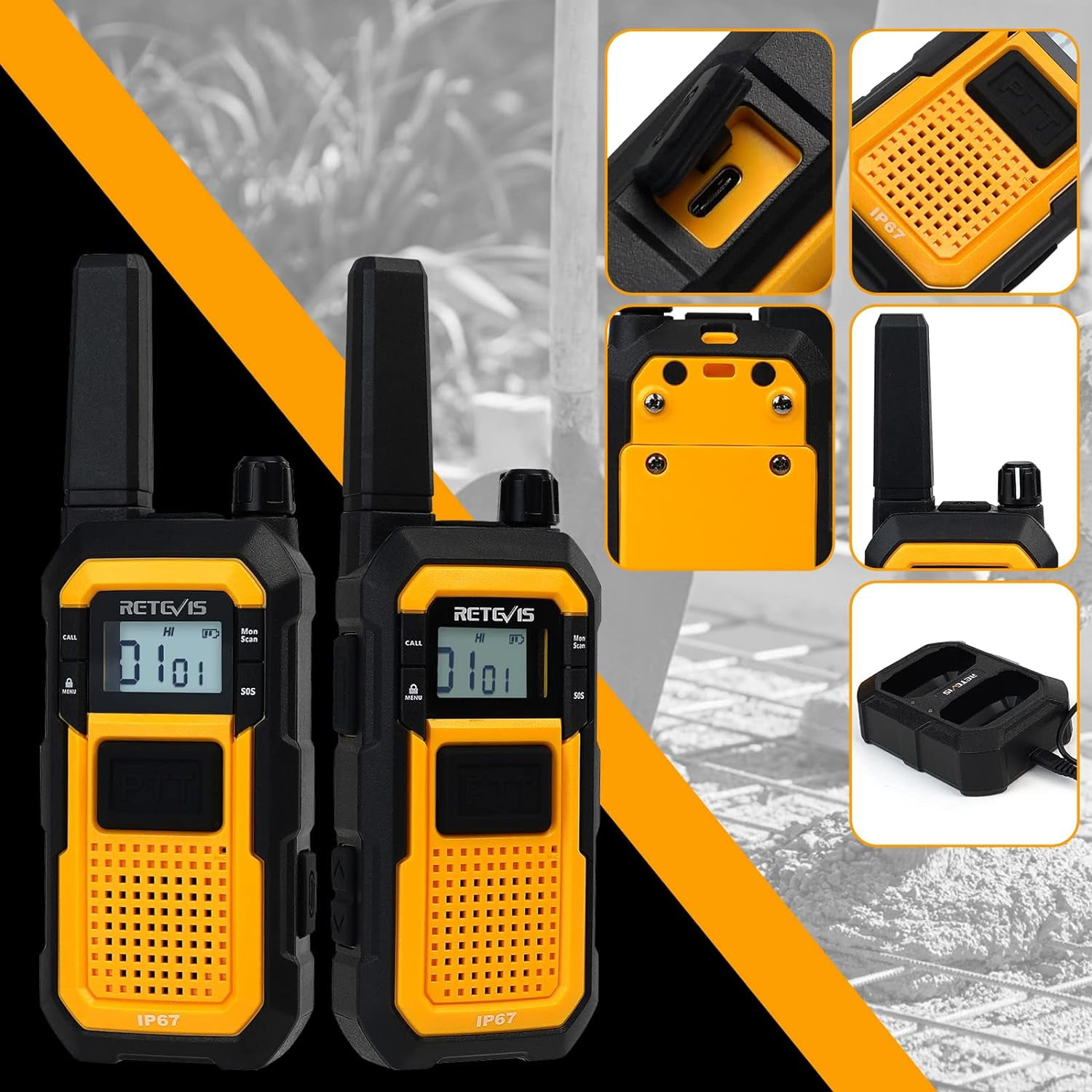 RB48 Heavy Duty Walkie Talkies, Waterproof Two Way Radio, Advanced Triple Proof, 2000 mAh, Emergency, 2 Way Radio Long Range for Job Site (4 Pack) Yellow - Image 6