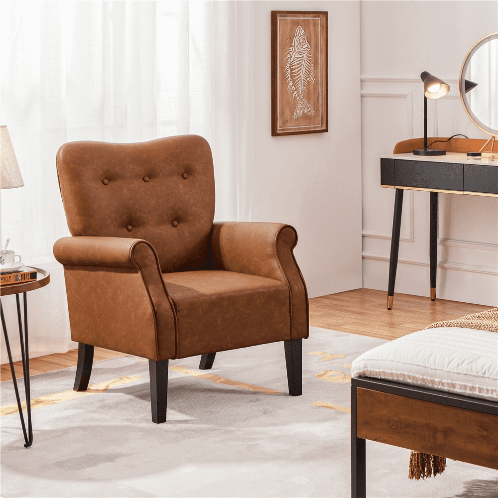 Alden Design Mid-century Faux Leather Accent Chair with Tufted High Back for Living Room, Retro Brown - Image 4