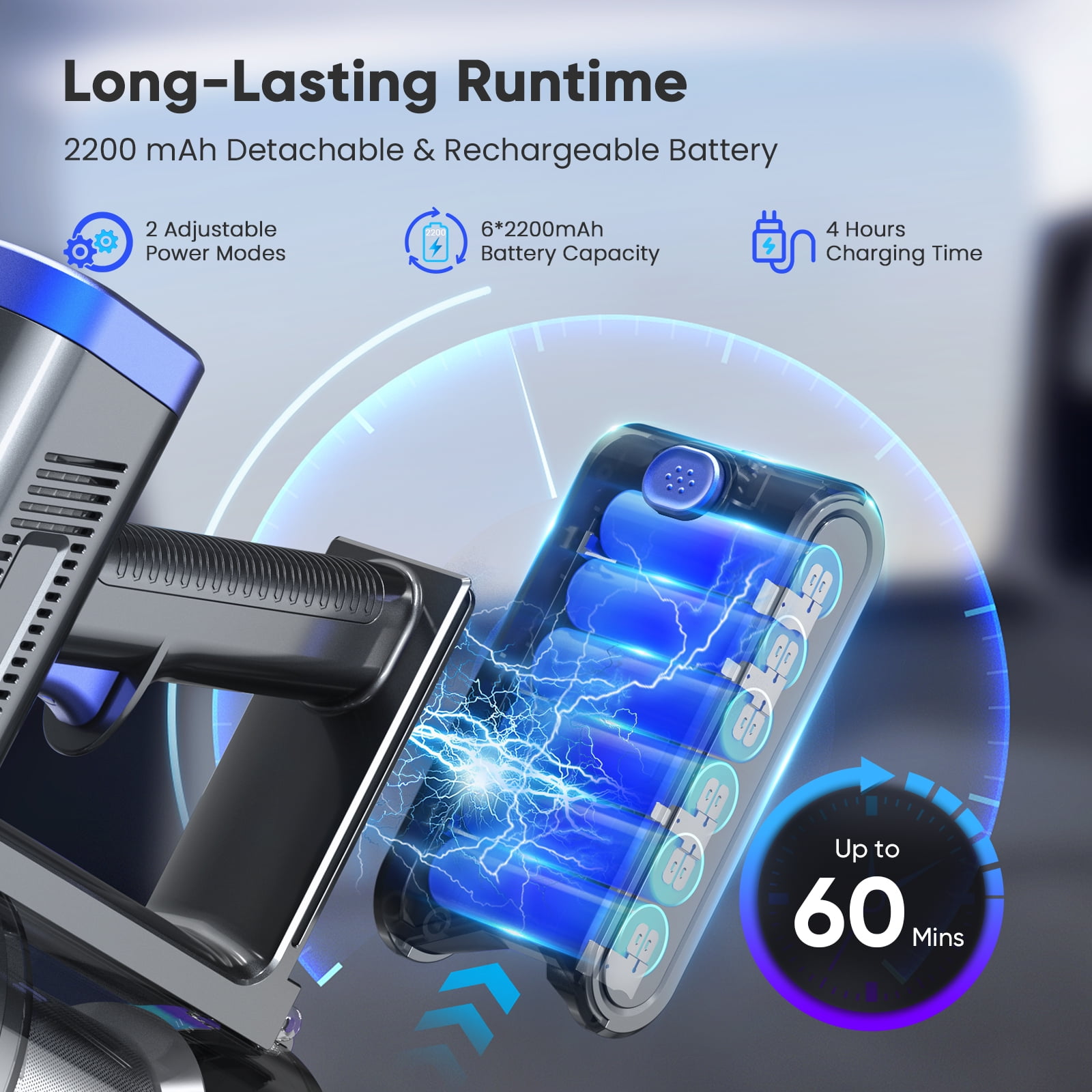 YOMA Cordless Vacuum Cleaner, 6-in-1 Rechargeable Stick Vacuum, 60mins Max Runtime, Lightweight 2200mAh Battery Powerful Vacuum Cleaner for Home Hard Floor Pet Hair-N12 - Image 5