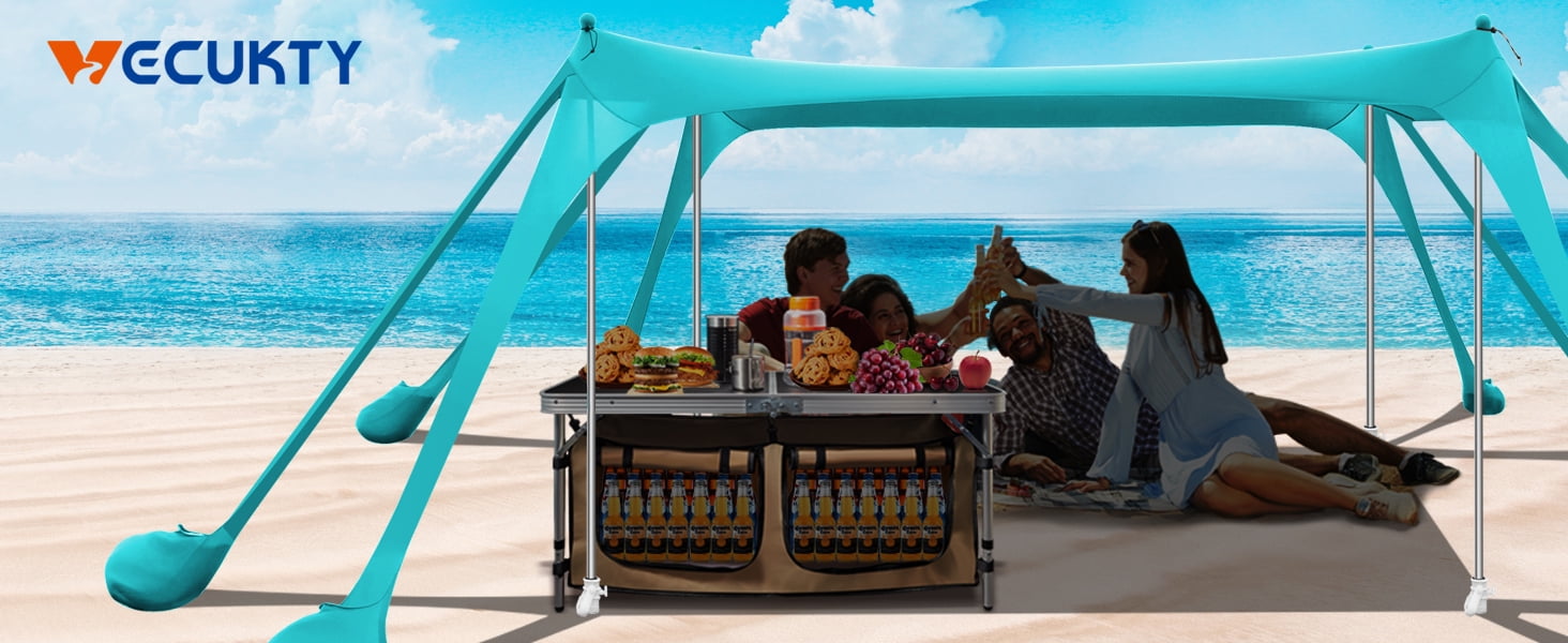 VECUKTY Beach Tent Sun Shelter 10 x 10FT with 8 Sandbags, UPF 50+ Protection Beach Shade Canopy, Outdoor Pop Up Shade Tent Turquoise - Image 7