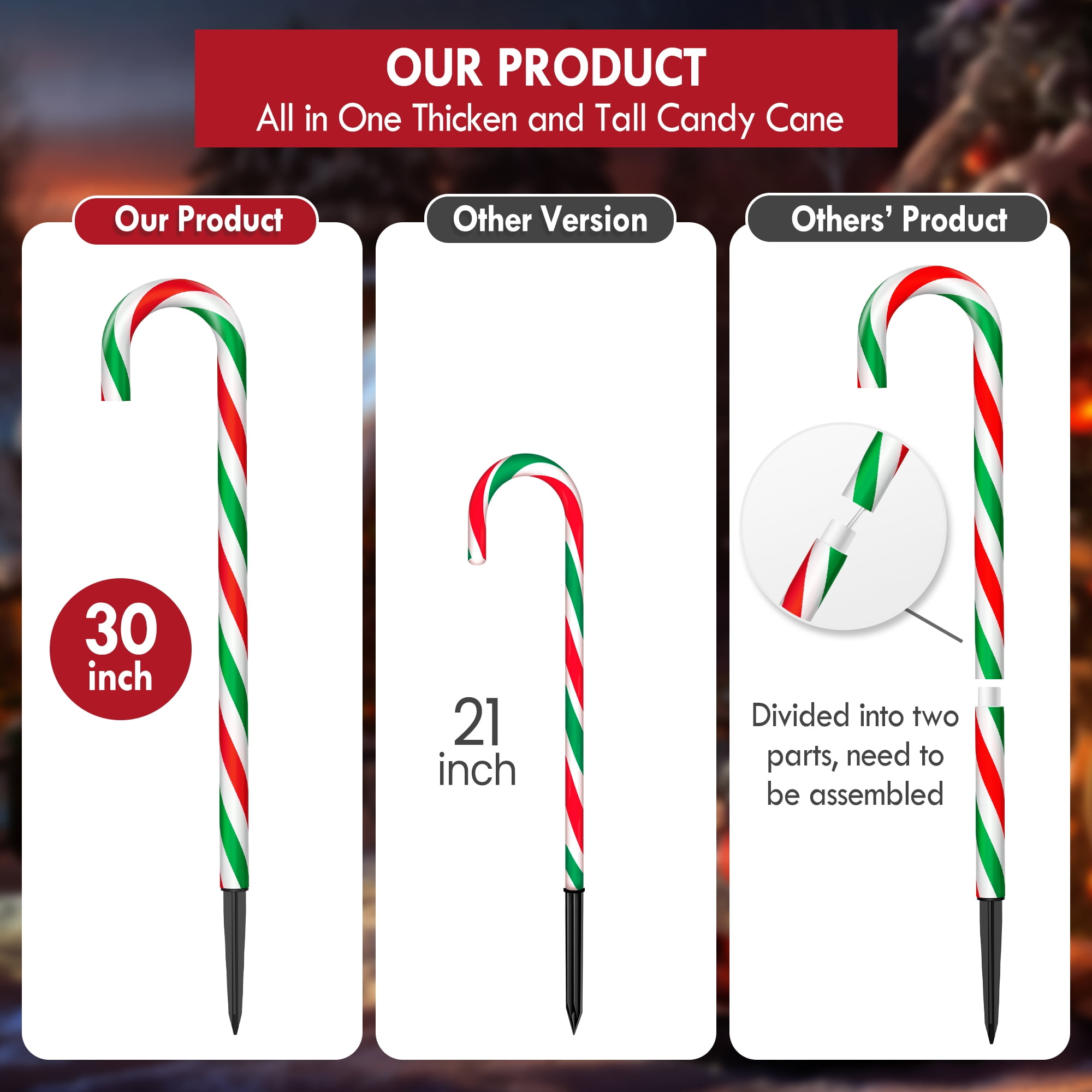 10 Pack 8 Modes 30" Christmas Candy Cane Light Inch Flickering Candy Cane Pathway Marker Waterproof UL Listed Christmas Lighting Decoration Light Outdoor Indoor - Image 3