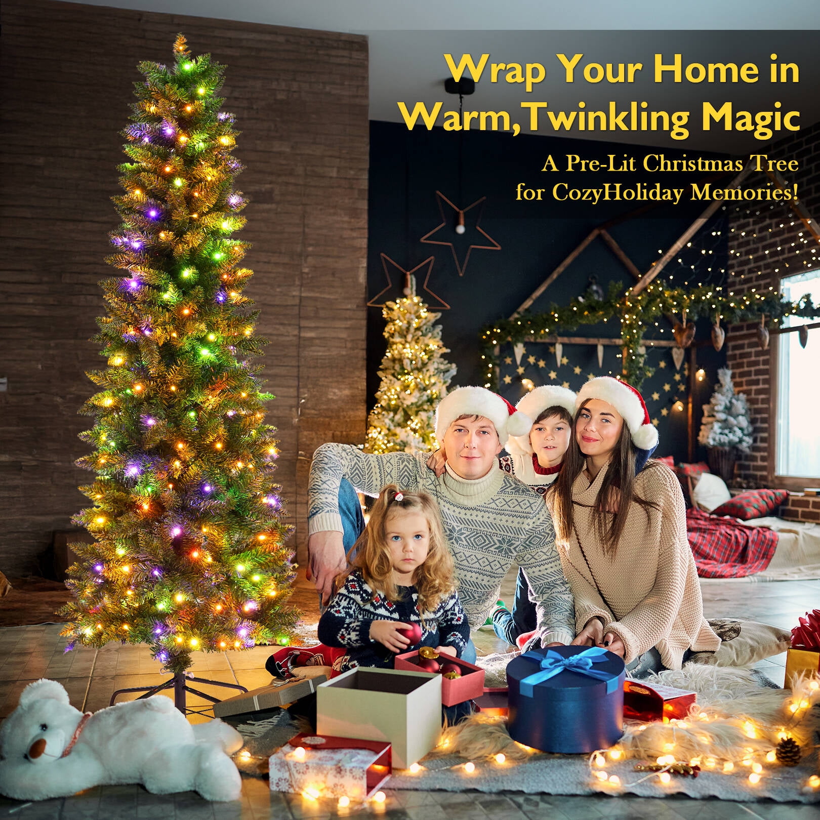 Funcid 6ft Pre-Lit Artificial Hinged Slim Pencil Christmas Tree with 250 Multi-Color Lights, 972 Branch Tips, Metal Hinges & Foldable Base, Green - Image 12