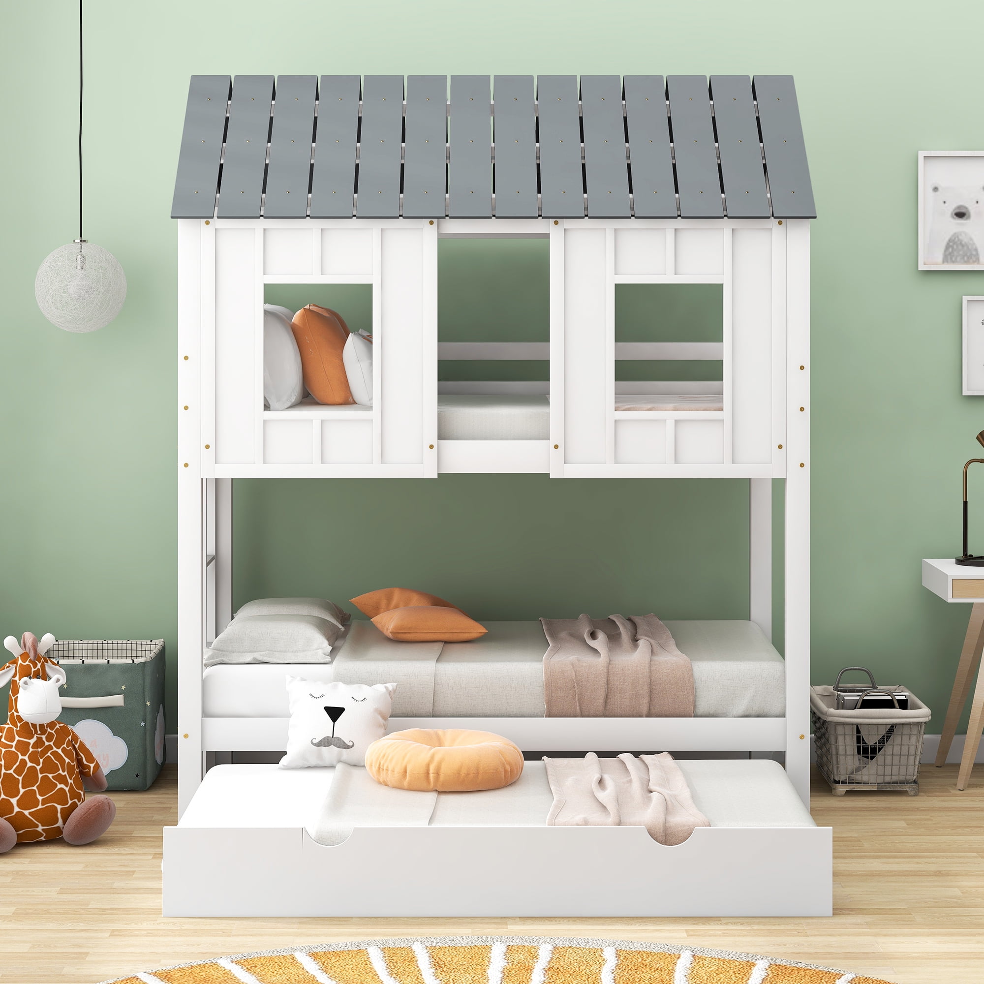 EUROCO Twin Size House Bunk Bed with Roof and Trundle for Kids Teens Bedroom, White - Image 5