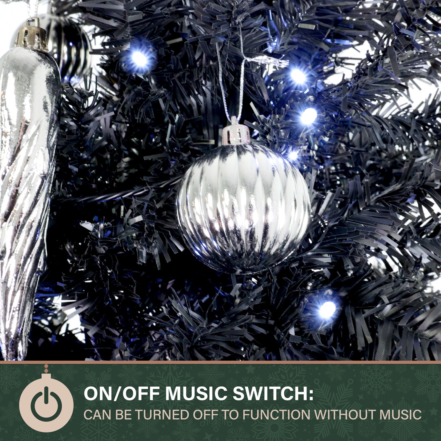 Fraser Hill Farm White Prelit LED Black Decorated Pine Musical Christmas Tree, with Umbrella Base 6.25' - Image 8