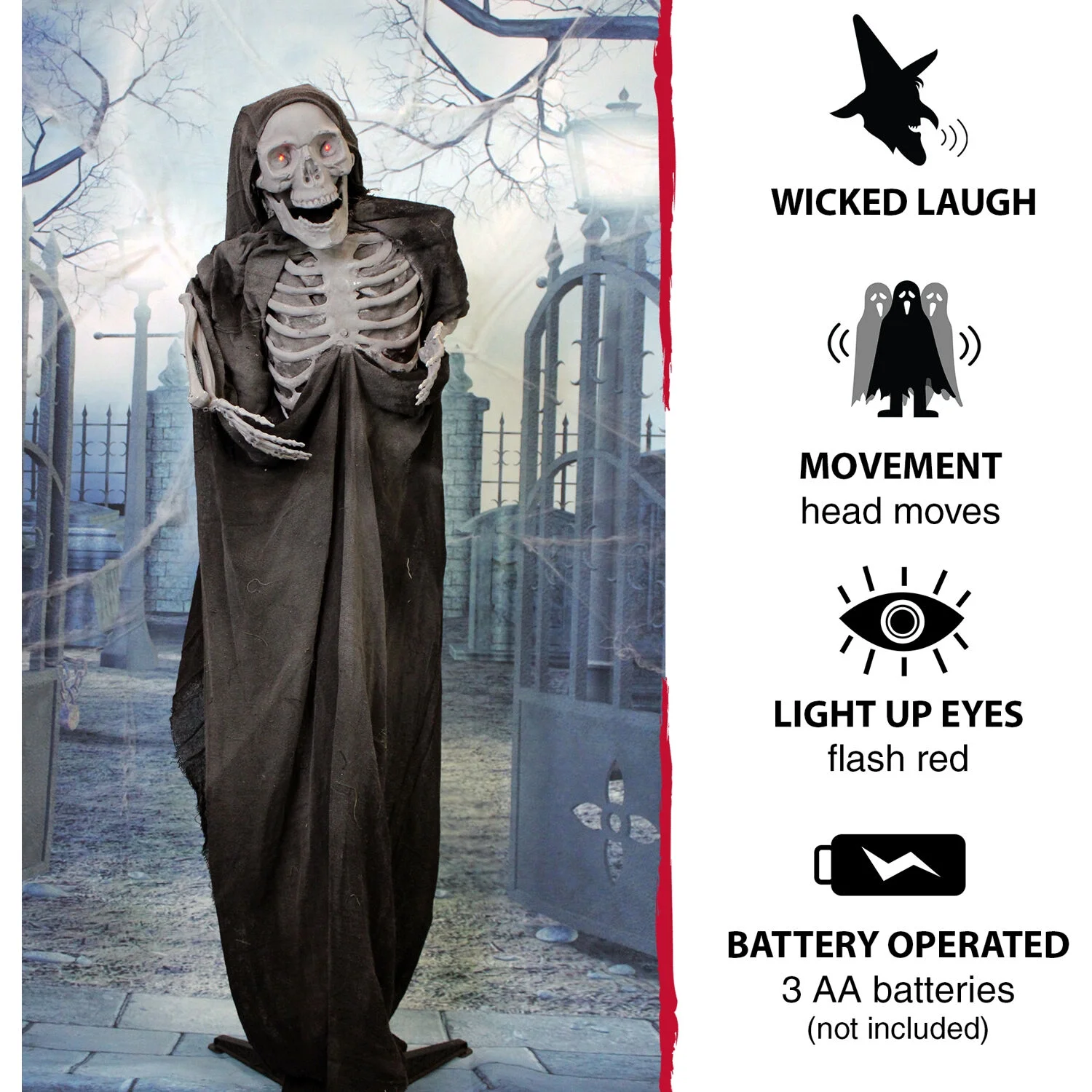 Haunted Hill Farm Life-Size 37 In. Animatronic Reaper, Indoor/Outdoor Halloween Decoration, Light-up Red Eyes, Poseable, Battery-Operated, HHSKEL-4FLSA - Image 3
