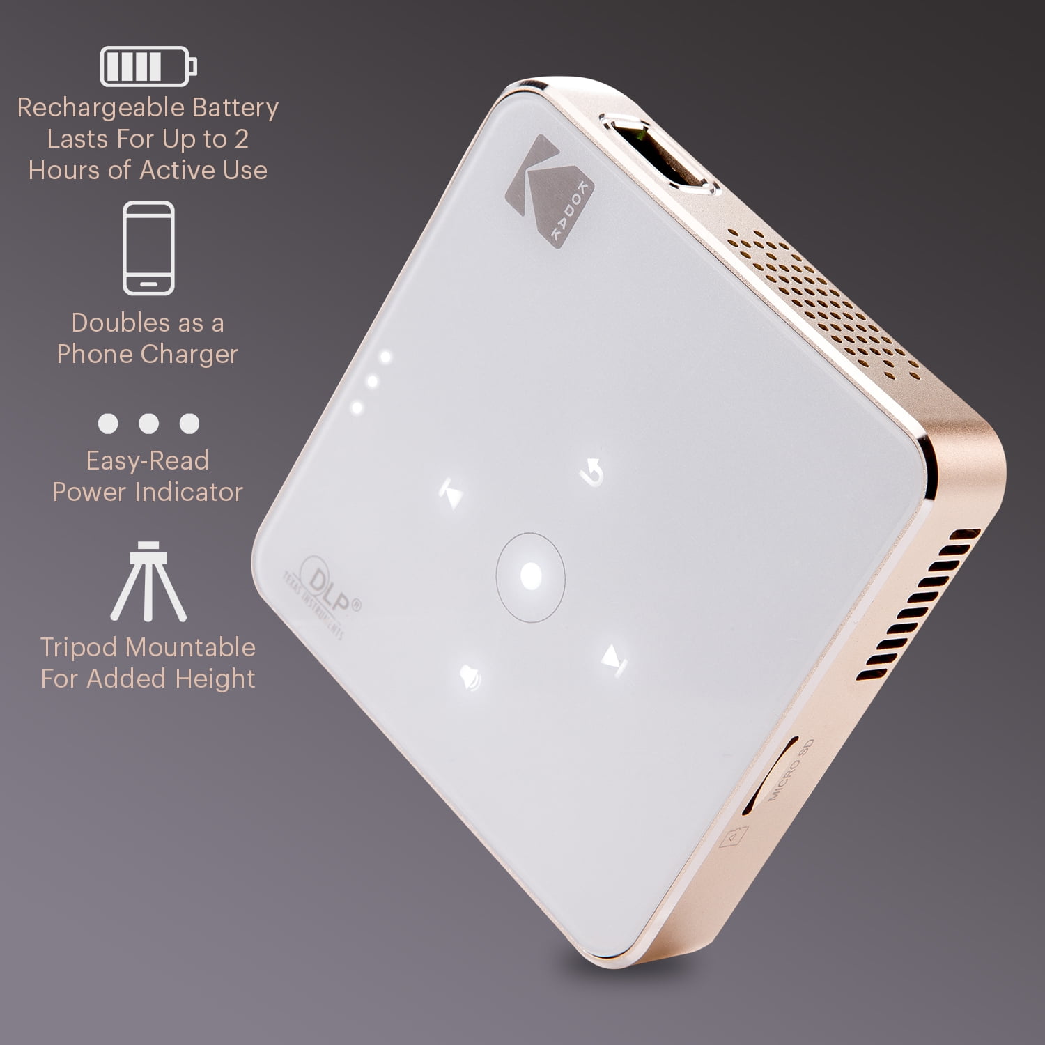 Kodak Ultra Mini Portable Projector - HD 1080p support LED DLP Rechargeable Pico Projector - 100" Display, Built-in Speaker - HDMI, USB and Micro SD - Compatible with iPhone iPad, Android Phones - Image 3