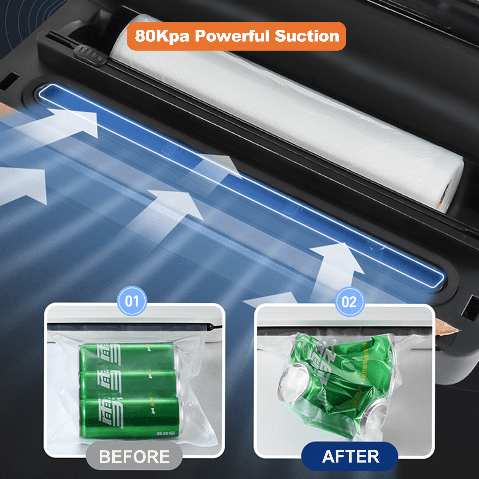 Vacuum Sealer, Food Vacuum Sealer Machine, 80kPA Compact Food Preservation System for Sous Vide and Food Storage, with Cutter, Vacuum Hose Attachment Jars, 1 Bag Rolls, 20 Sealer Bags - Image 7