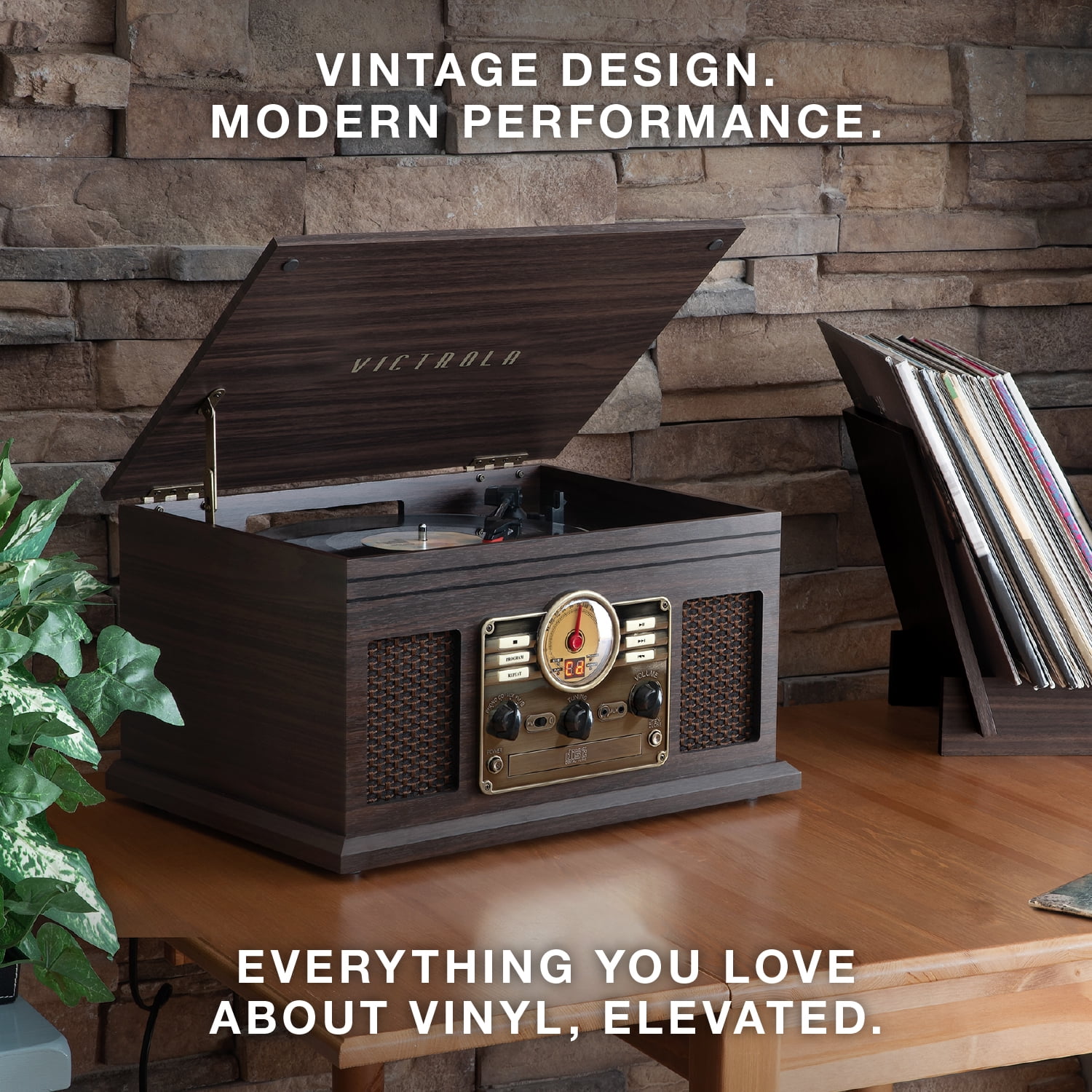 Victrola 6-in-1 Nostalgic Bluetooth Record Player with 3-Speed Turntable with CD and Cassette, Maghony - Image 6