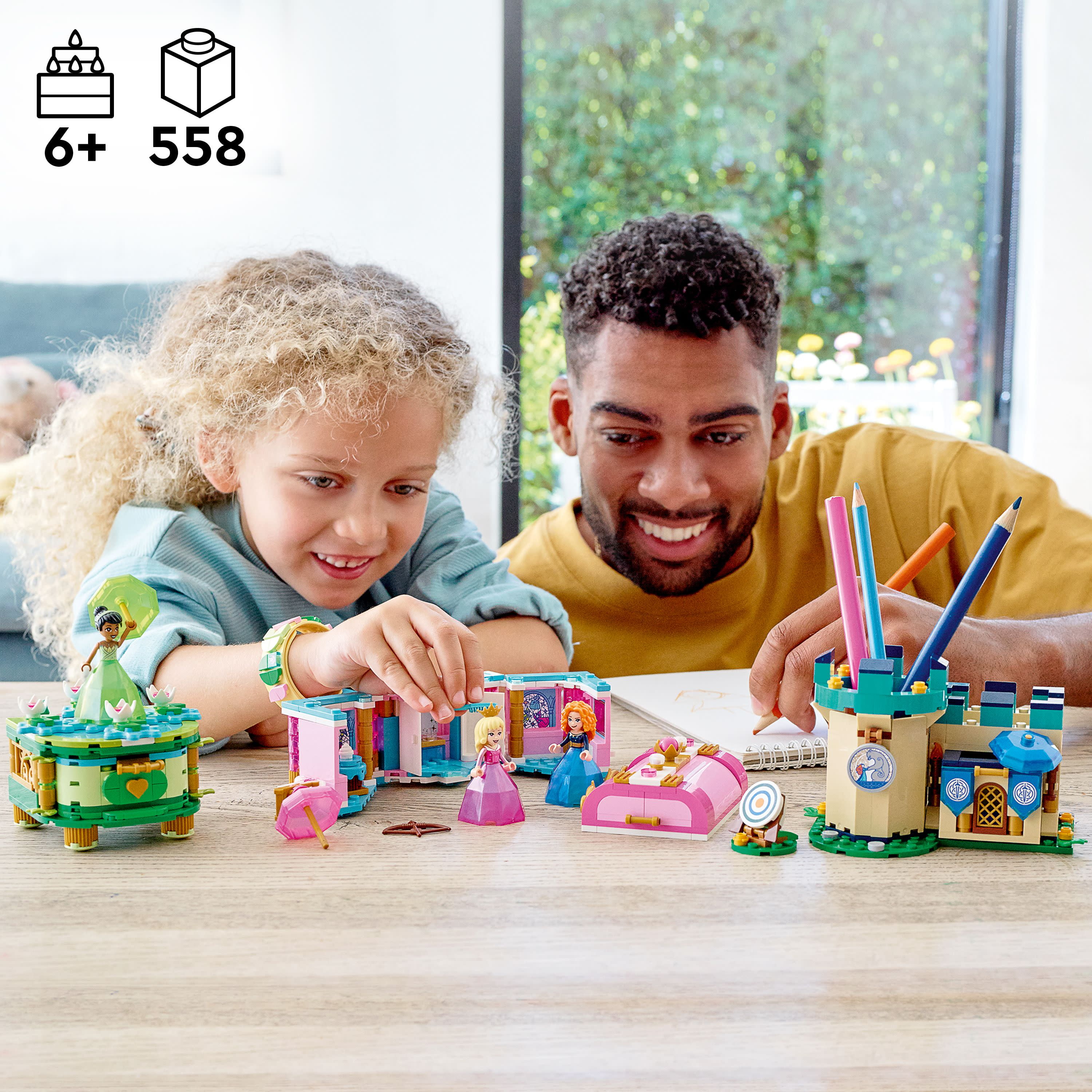 LEGO Disney Princess Aurora, Merida & Tiana’s Enchanted Creations 43203 Diamond Dress Set with 2 Buildable Jewelry Boxes, Pencil Holder, DOTS Bracelet and Mini-Dolls - Image 3