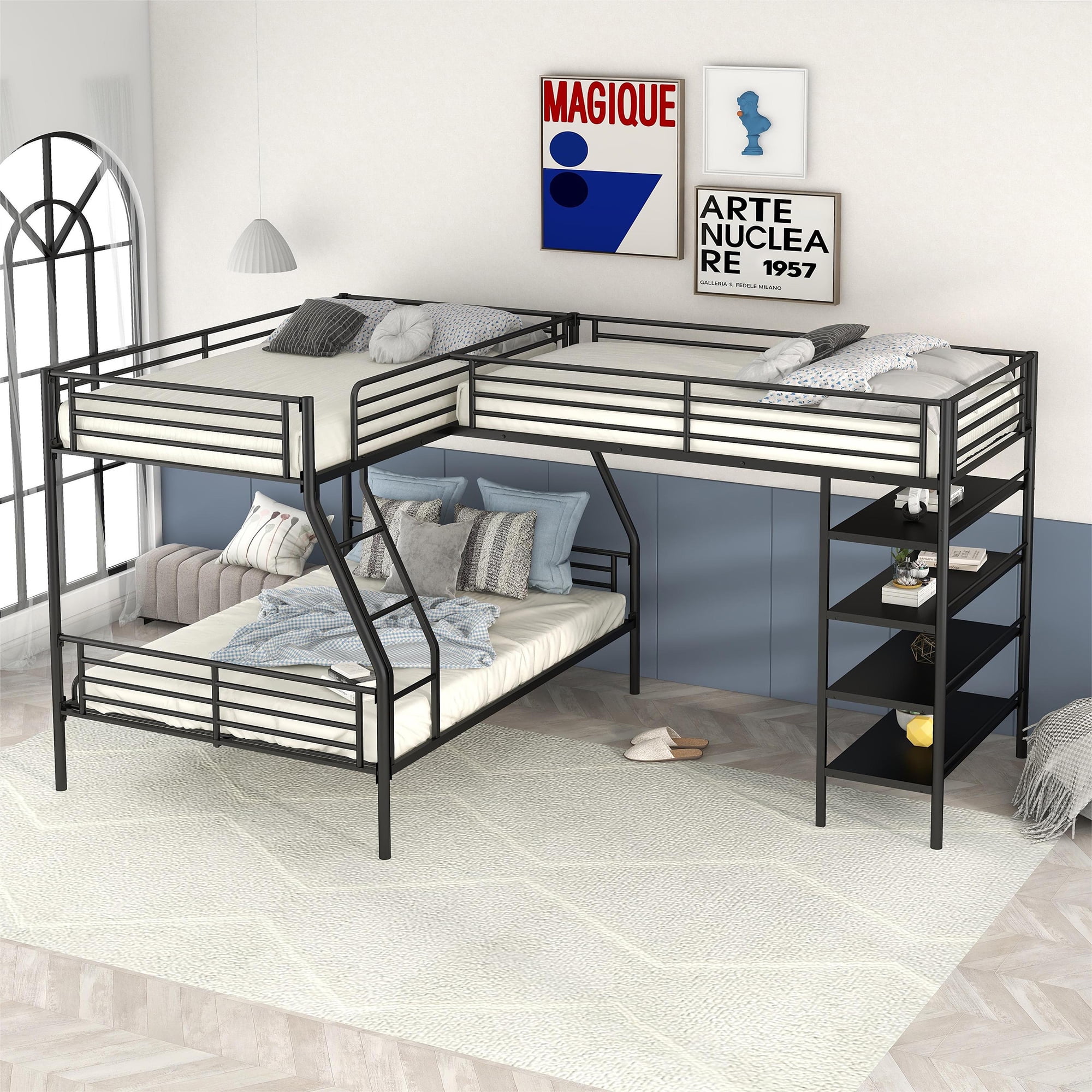 Euroco Metal Twin over Full Bunk and Twin Loft Bed with Four-Tier Shelves for Kids Teens Adults, 3 Beds in 1, Black - Image 9