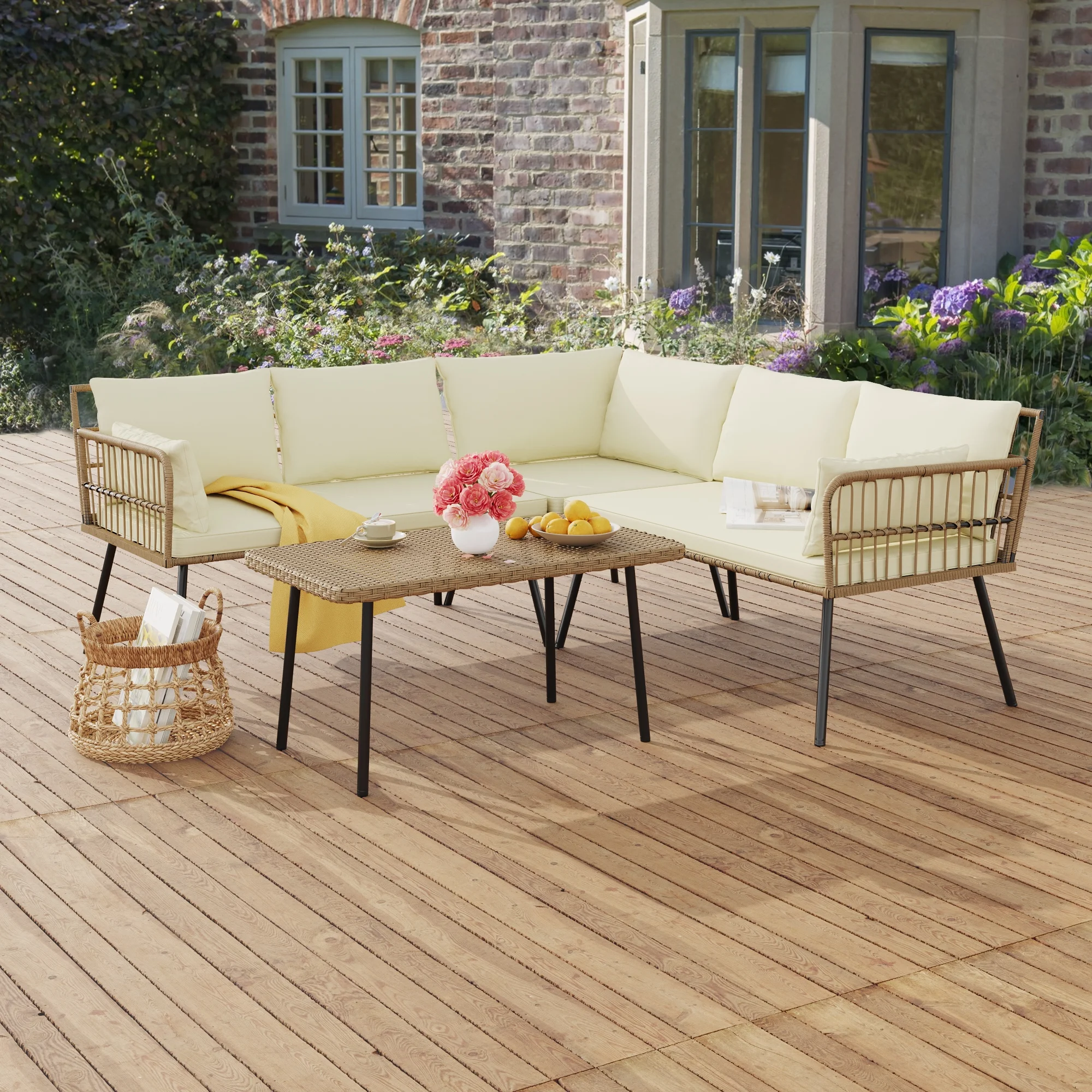 Dextrus 4 Pcs Patio Sofa set, Outdoor Boho Sectional Furniture L-Shaped Conversation Sofa set 5 Seats with Cushions and PE Rattan Side Coffee Table - Beige - Image 2