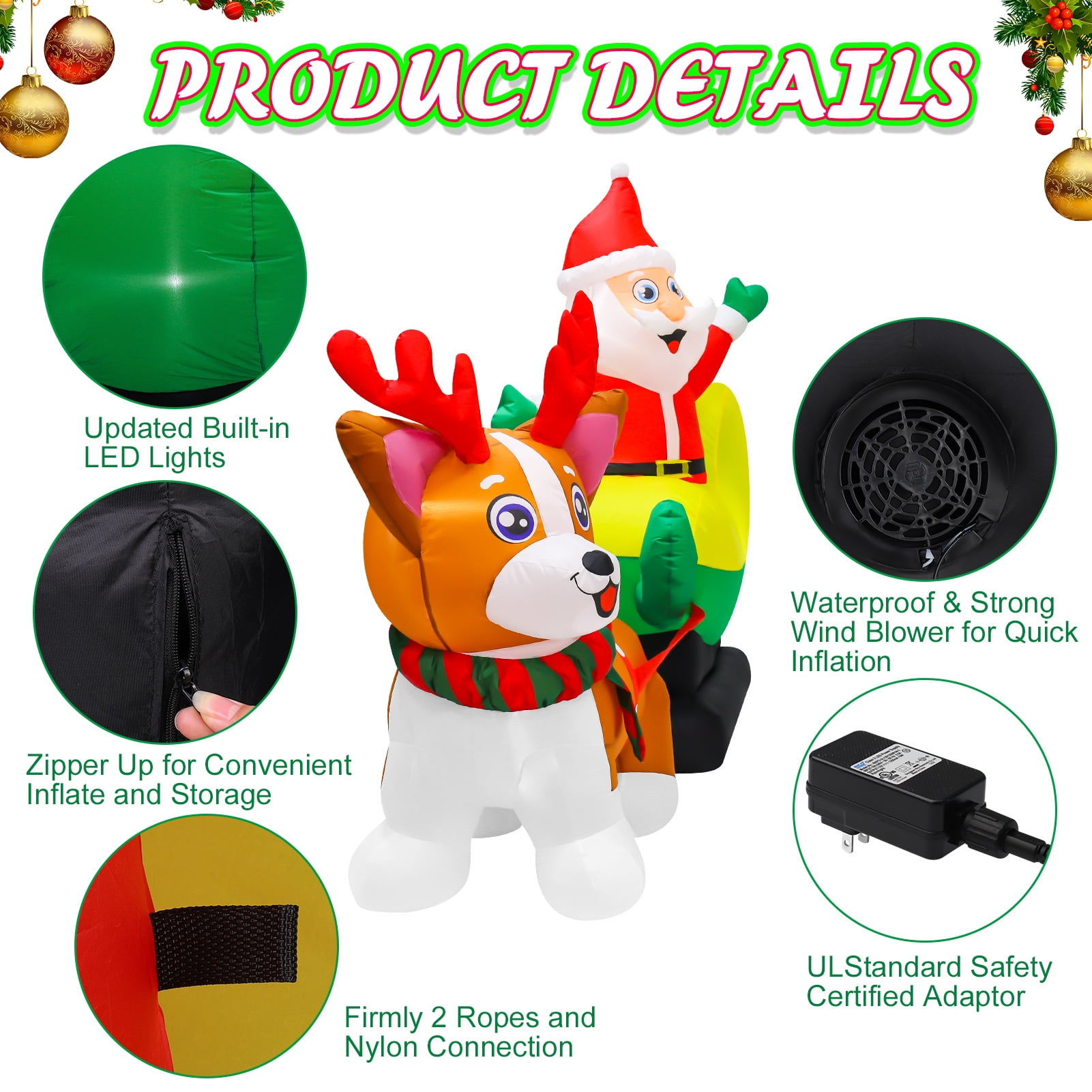 HEQUSIGNS 7ft Long Christmas Inflatable Santa Sleigh, Blow Up Christmas Santa Claus and Husky Inflatable Decoration with LED Light, Xmas Indoor Outdoor Decoration - Image 3